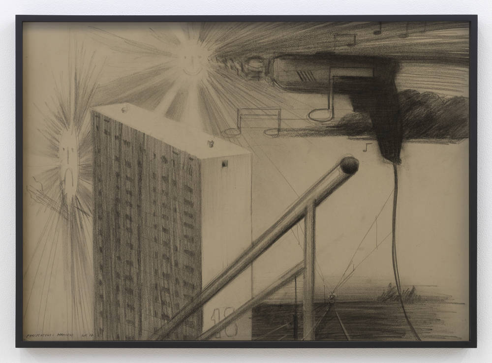 An abstracted pencil drawing behind tinted glass in a black frame. There are musical notes, a handrail, a large building project, and a sun beams. 