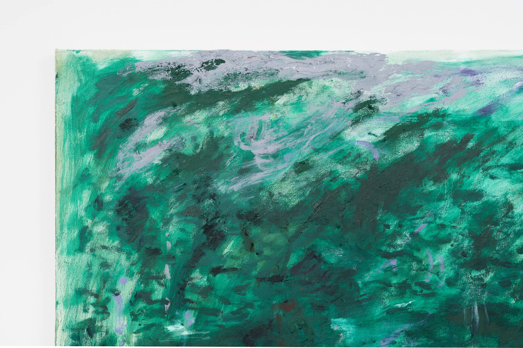 Detail of a large green abstract painting depicts two vertical seascapes. The right side being the darker of the two. At the center of the bottom of the frame, a page from a notebook with a colorful drawing of a horse looking off into a distant landscape is pasted to the canvas.
