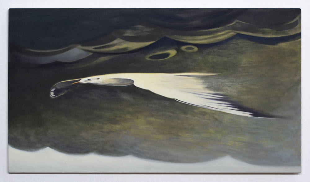 A painting of a bird with large wings merging with the abstracted landscape behind it. 