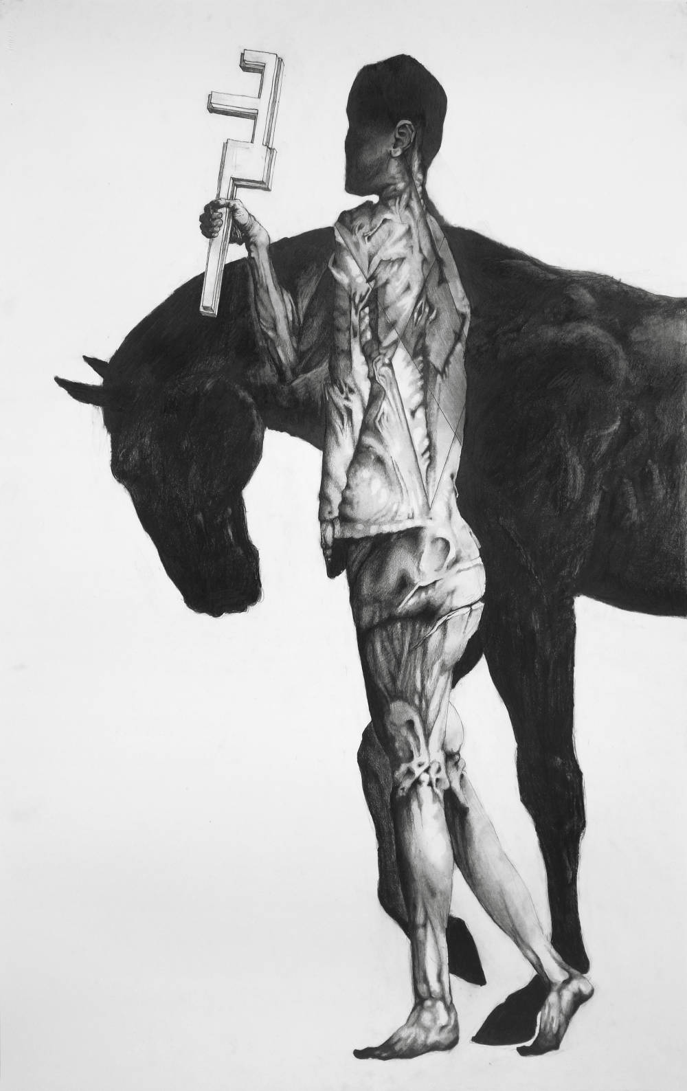 Graphite drawing of a figure walking beside a horse holding a geometric tool in its hands.