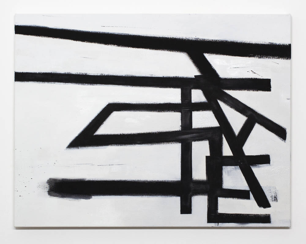 A black and white abstract painting resembling a collage of different letters. 