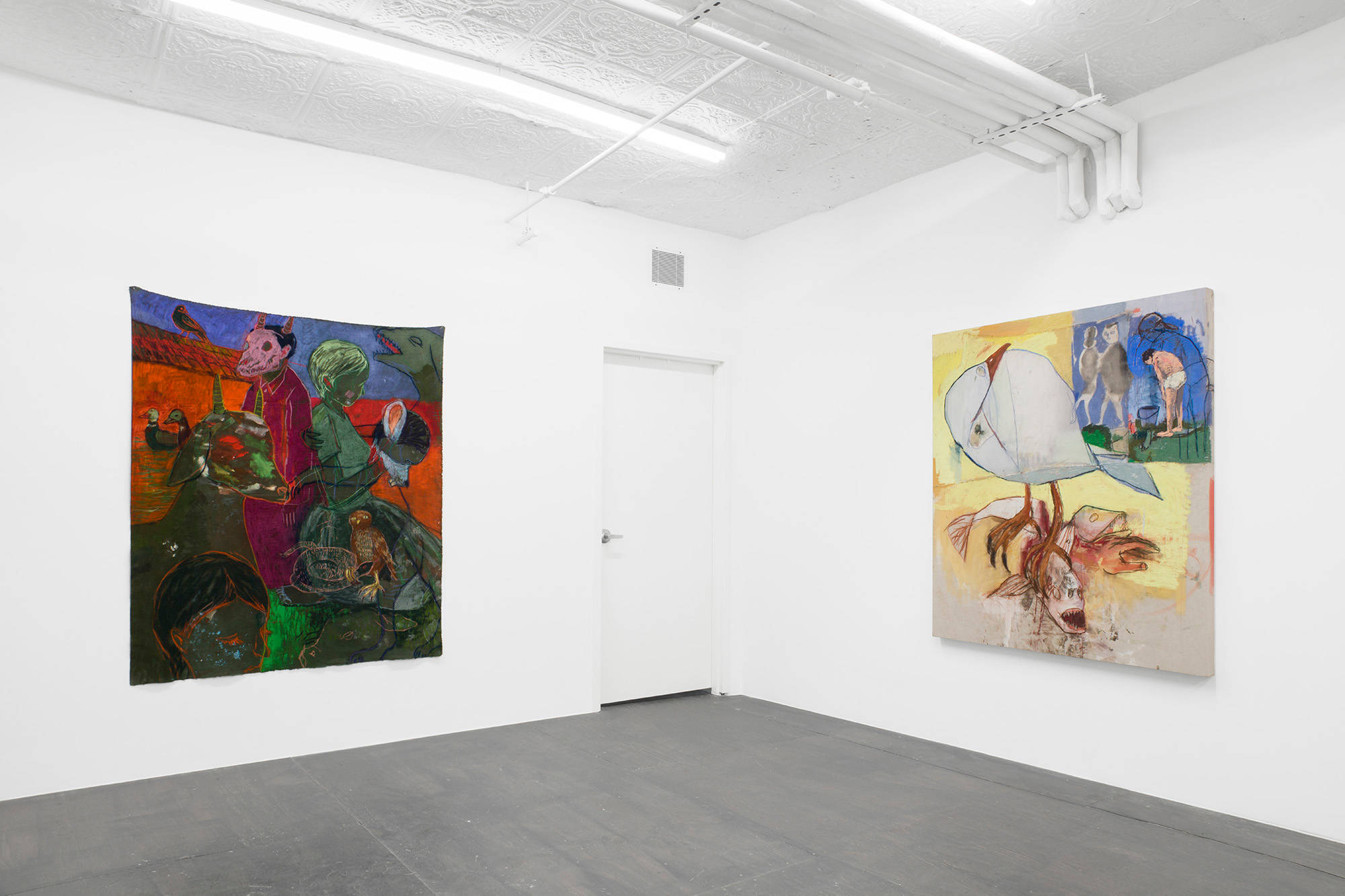 In the North West corner, in the basement of the gallery, a stretched painting of a seagul and an unstretched painting of abstract figures hang on opposing walls.