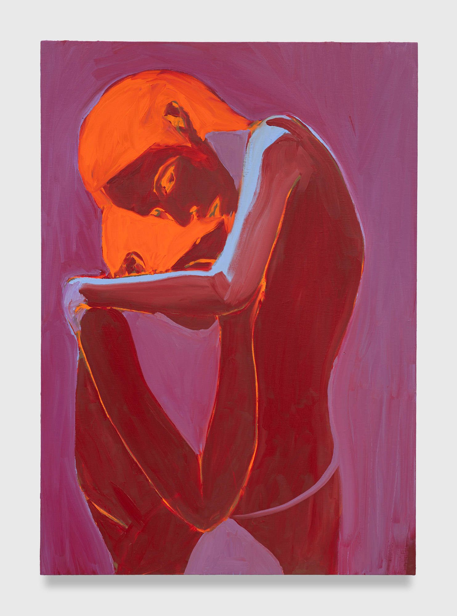 An oil painting on stretched canvas depicts an abstracted figure with dark red skin with light blue highlights, orange hair and facial features against a dark pink background. The figure lifts the disembodied arm and torso of another figure as if to look under it in an impossible perspective.