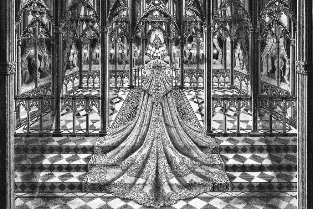Image of a heavily adorned cloaked figure standing in a gothic entry way rendered in pen and crosshatching. 