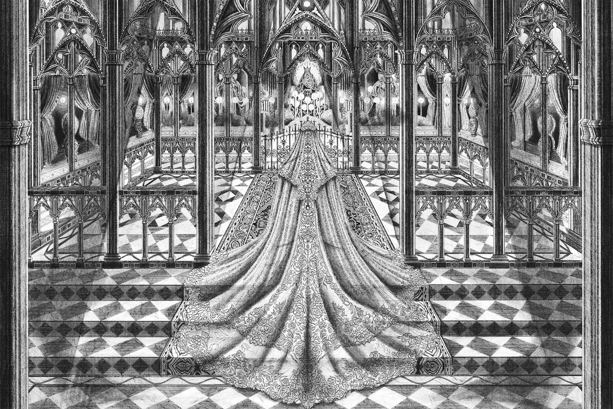 Image of a heavily adorned cloaked figure standing in a gothic entry way rendered in pen and crosshatching.