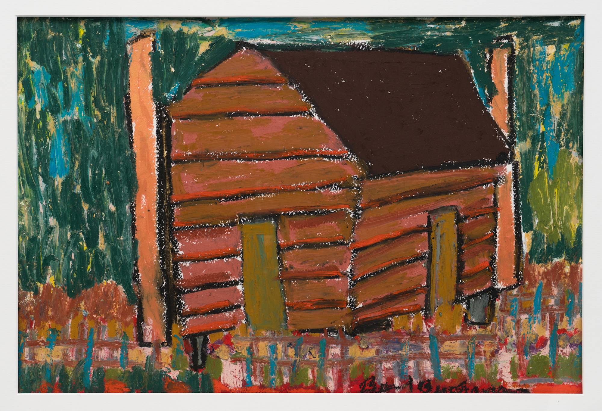 Detail of Beverly Buchanan oil pastel drawing of a wood house with picket fence surrounded by brown bushes against a dark green background.