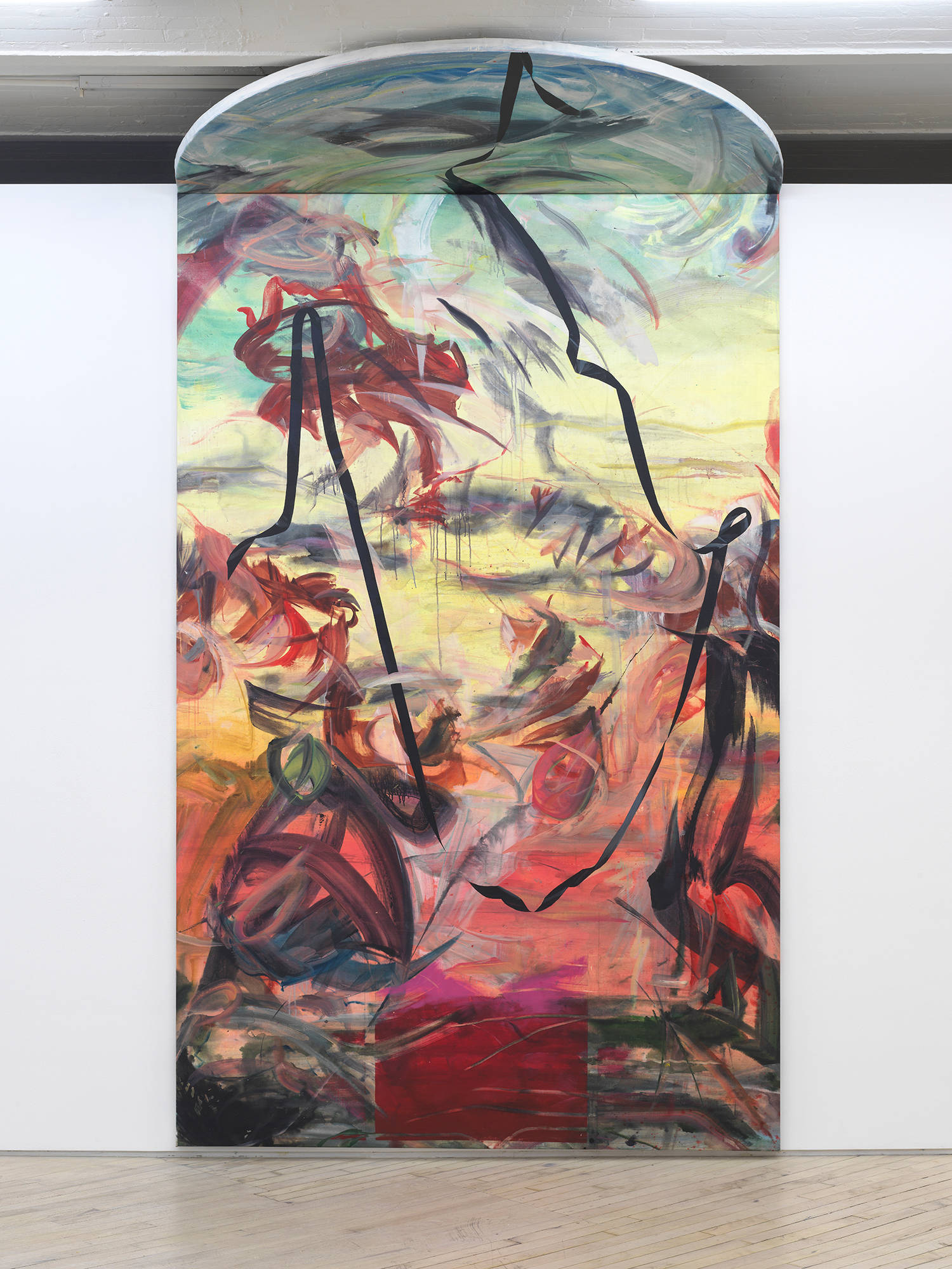 Image of a painting by Tom Holmes that shows one large columned painting that touches the ceiling with a semi-circular top canvas. The painting is mostly made with a rainbow of hues and abstract painterly marks.