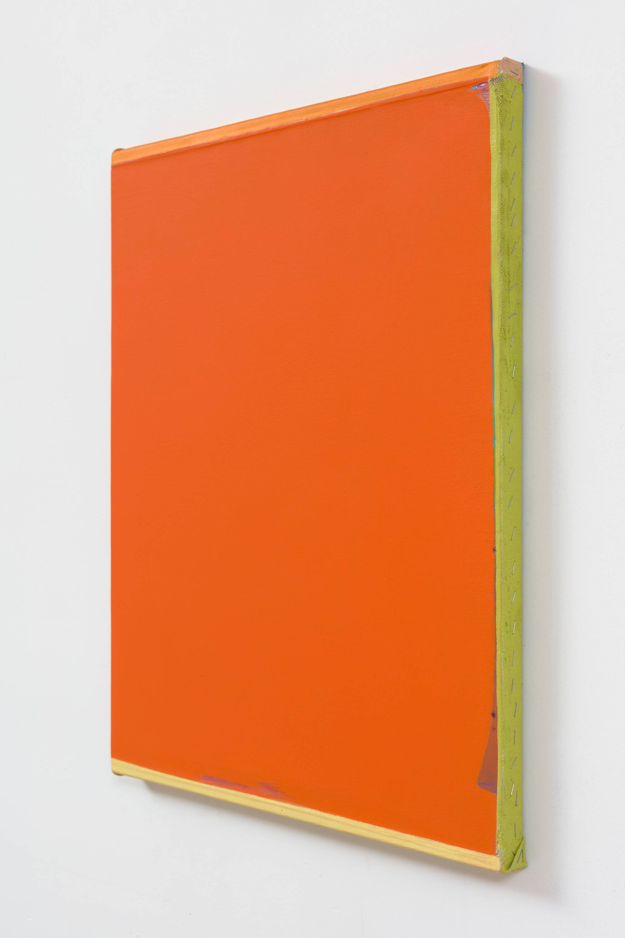 A side view of an orange monochromatic painting with a yellow edge and many staples.