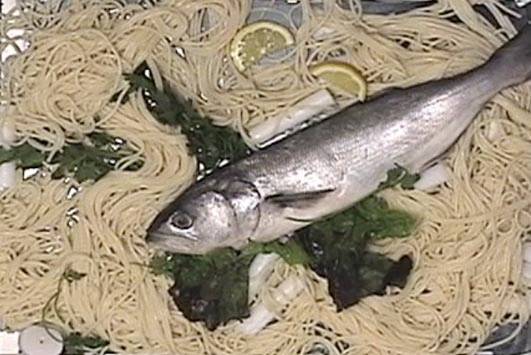 Image from a video by Alex Hubbard featuring a whole fish, greens and spaghetti on a xerox copier bed.