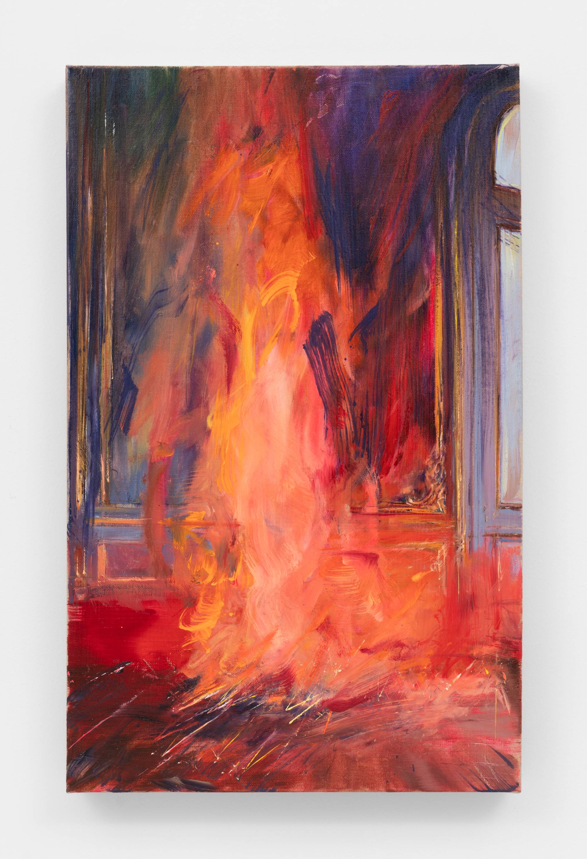 An abstract oil painting featuring a swirl of bright orange and red fire in a victorian style room.