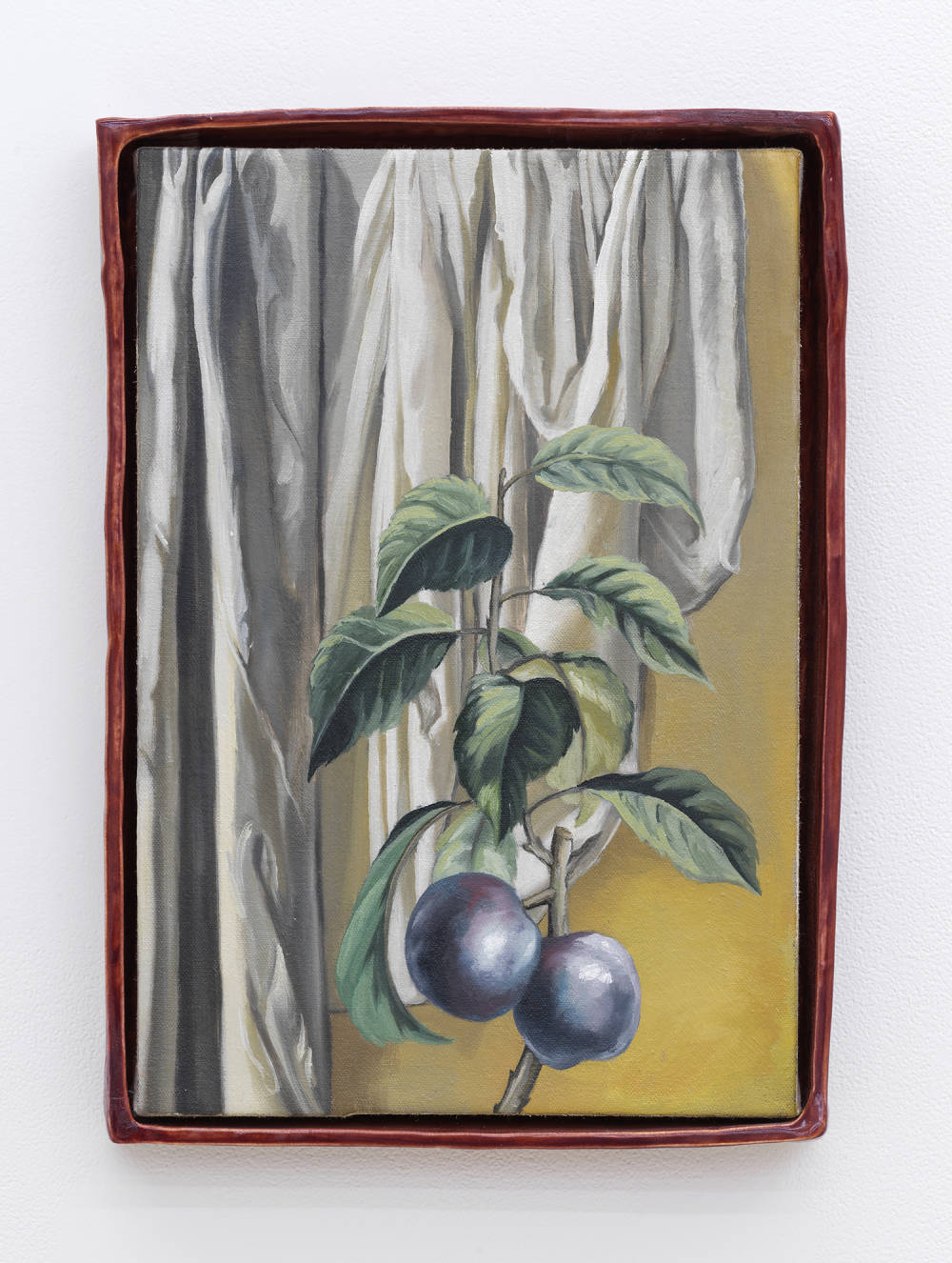 A small painting depicting a bushel of blueberries with an abstracted curtain behind it. The painting is housed within an irregularly shaped reddish frame. 