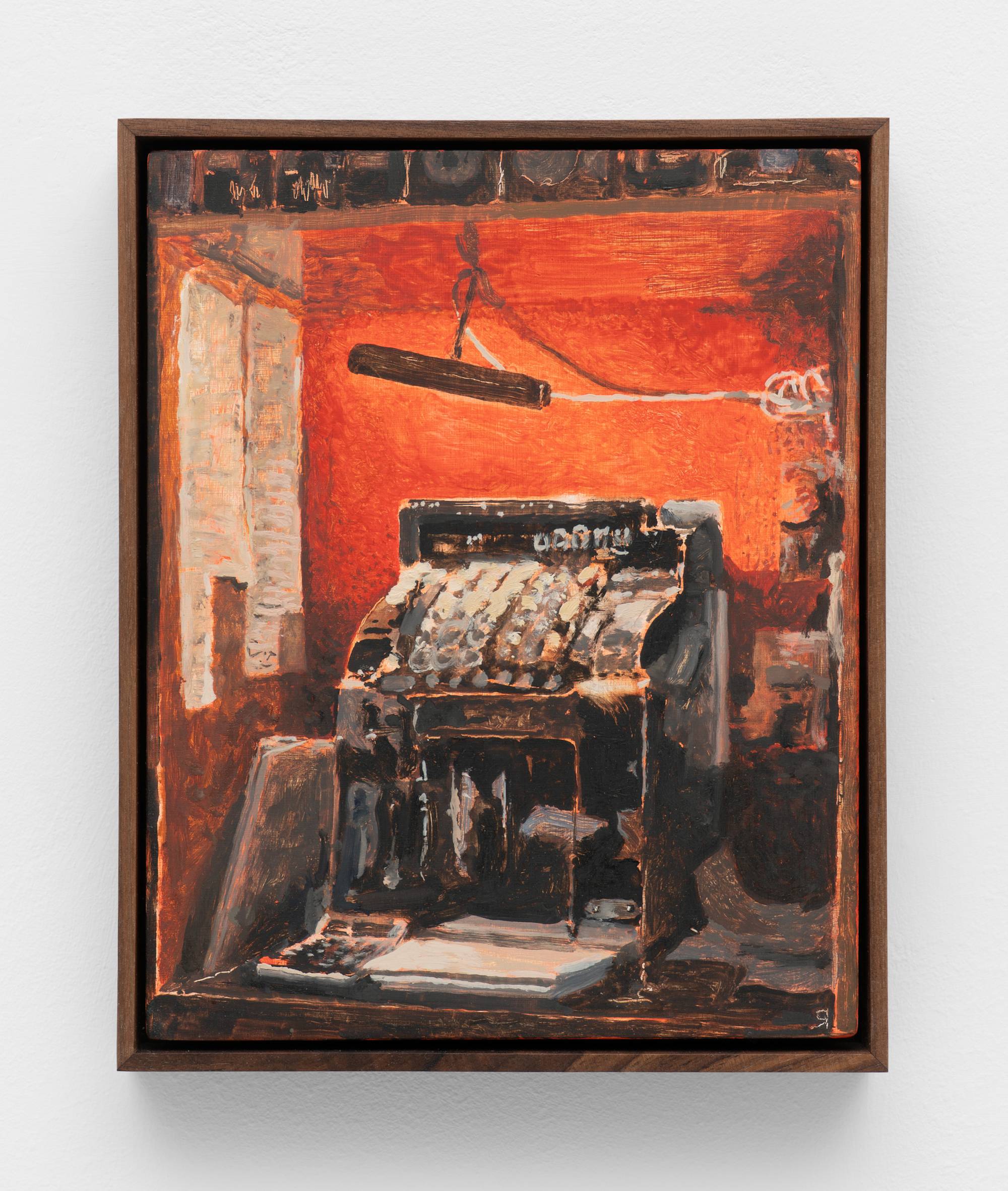 A small, dark wood framed painting of a cash register against a red wall.