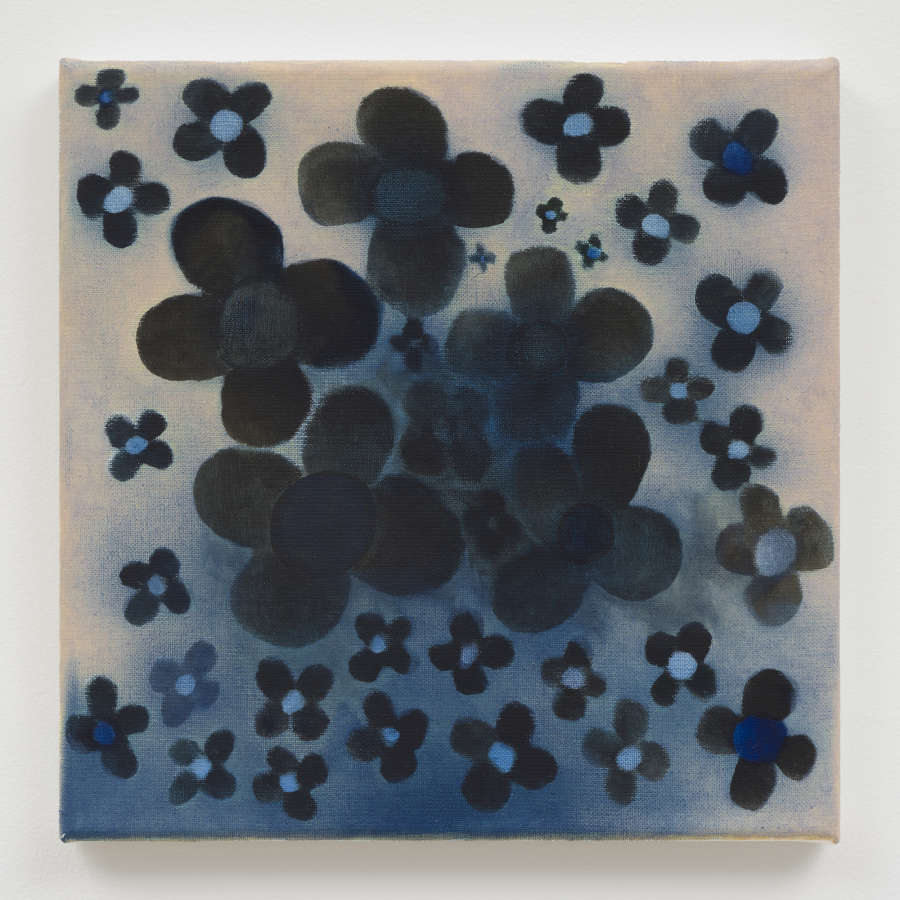 A small square painting depicting a series of graphic flowers in black and blue. 