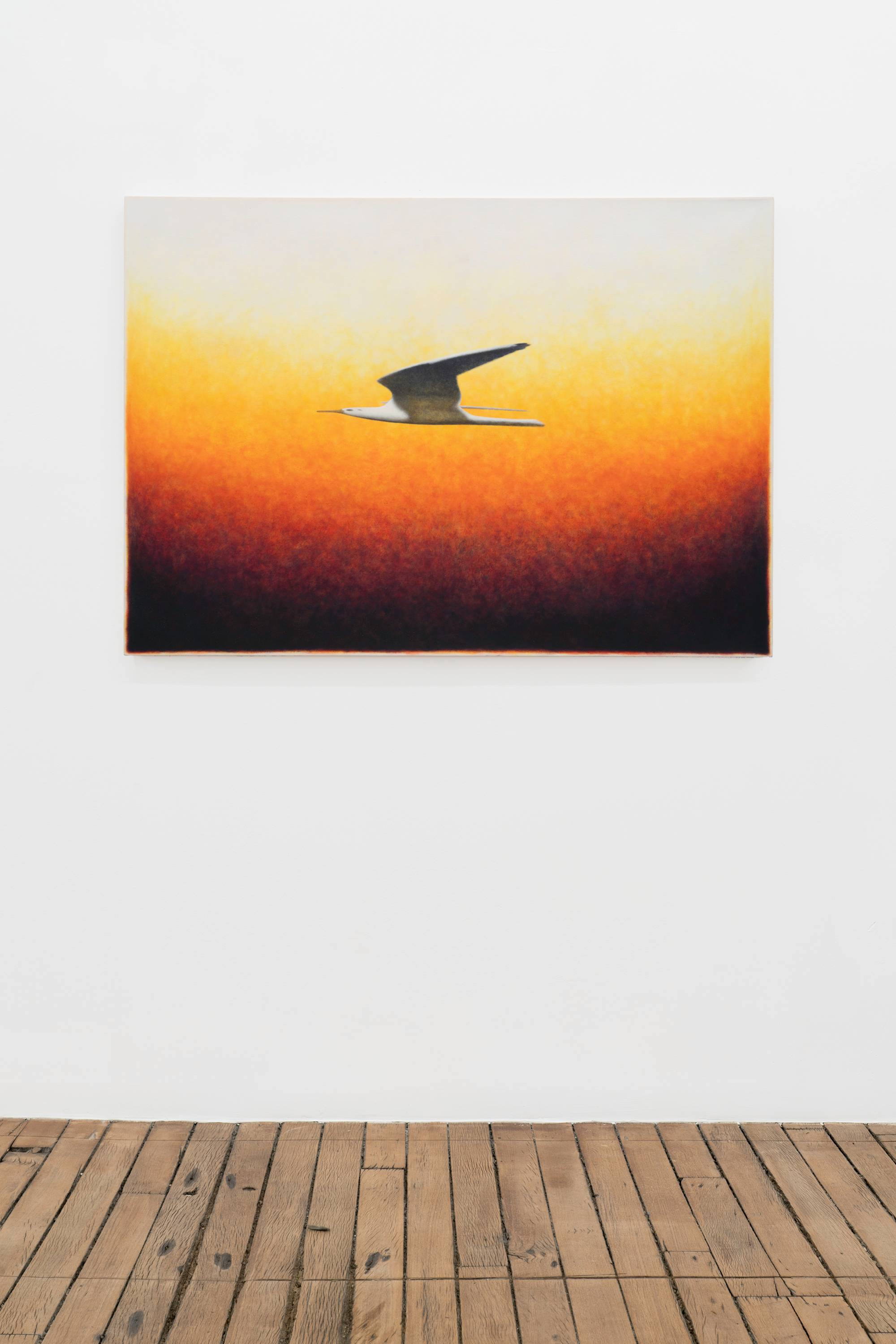 Ian Miyamura painting depicting a stretched seagull flying to the left against an orange gradient stippled background hangs on the wall of a gallery.