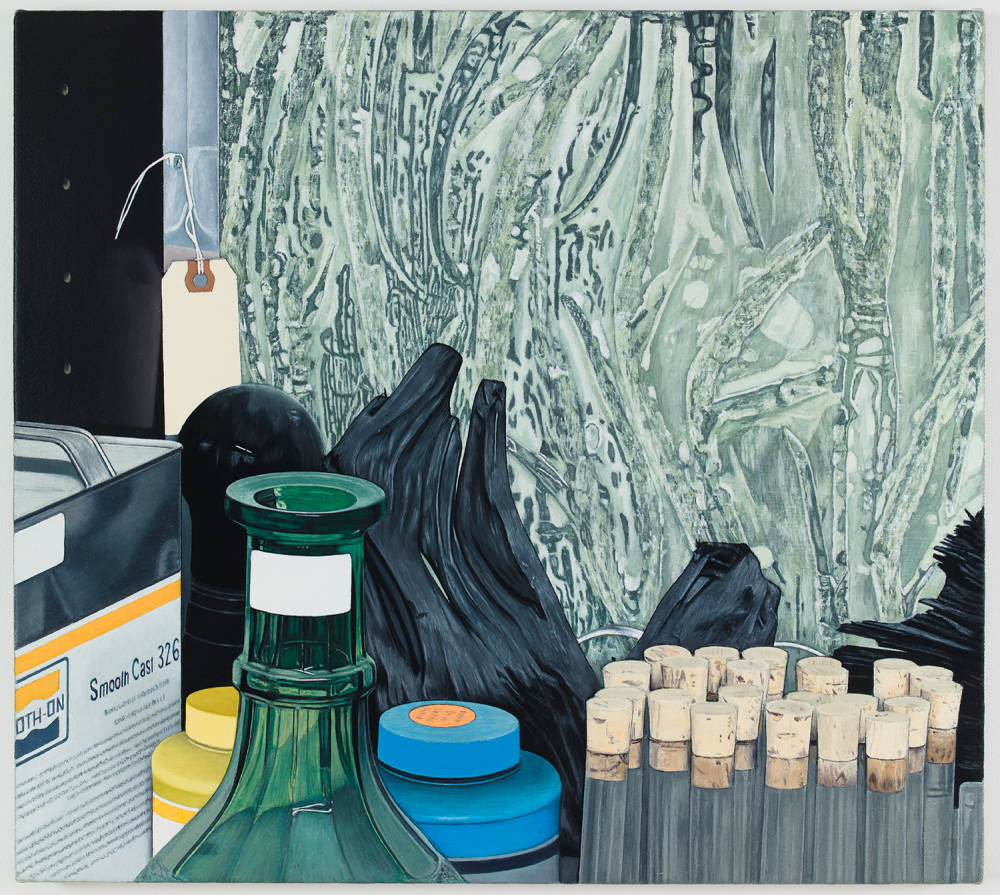 Oil on canvas painting depicting various vessels, including a green necked glass bottle, a tin can and two jars of Smooth On products, various corked test tube vials, a plastic bag and a green background.