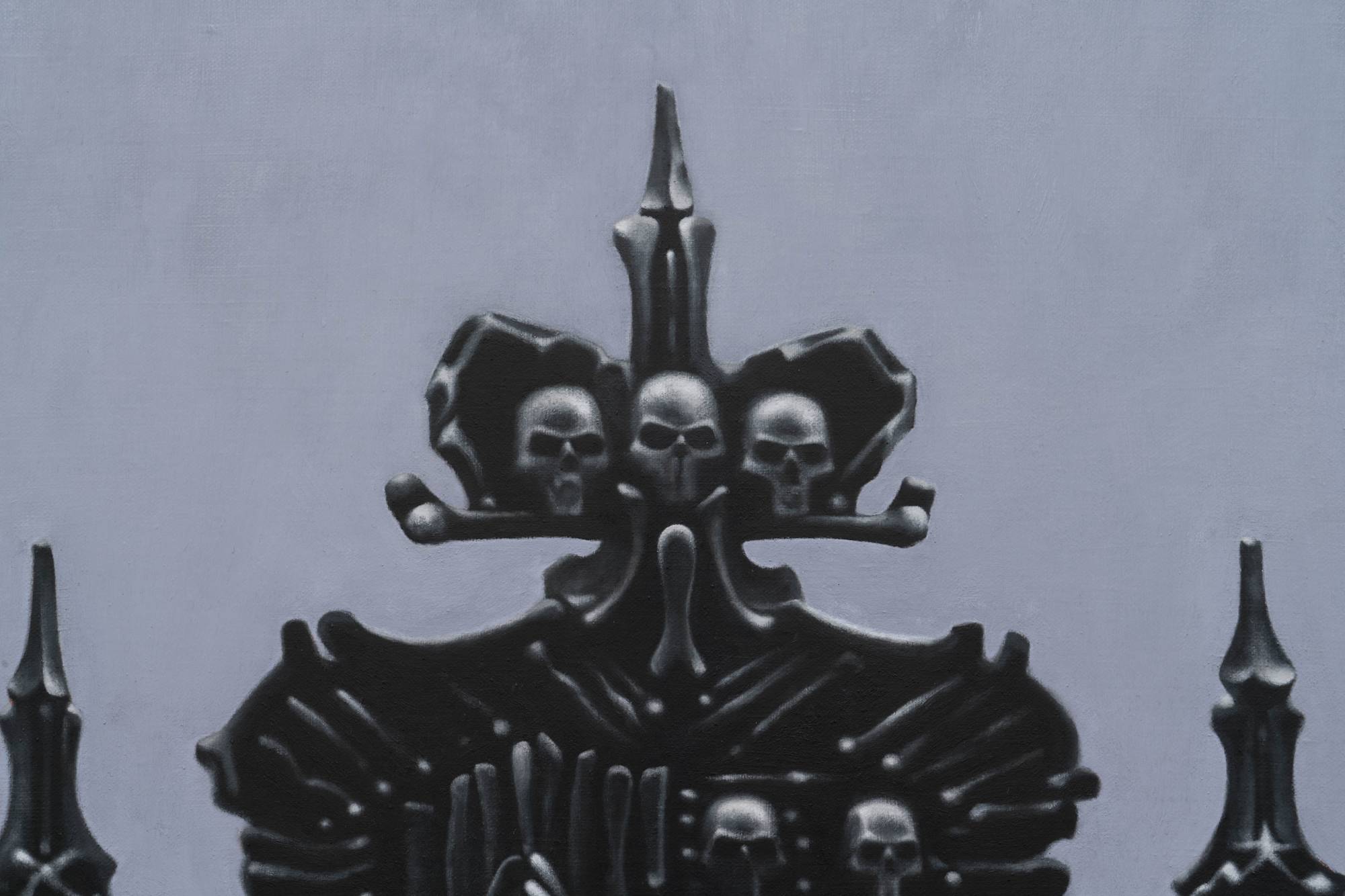 Detail view of Ian Miyamura painting depicting a throne of skulls against a light grey background and black foreground.
