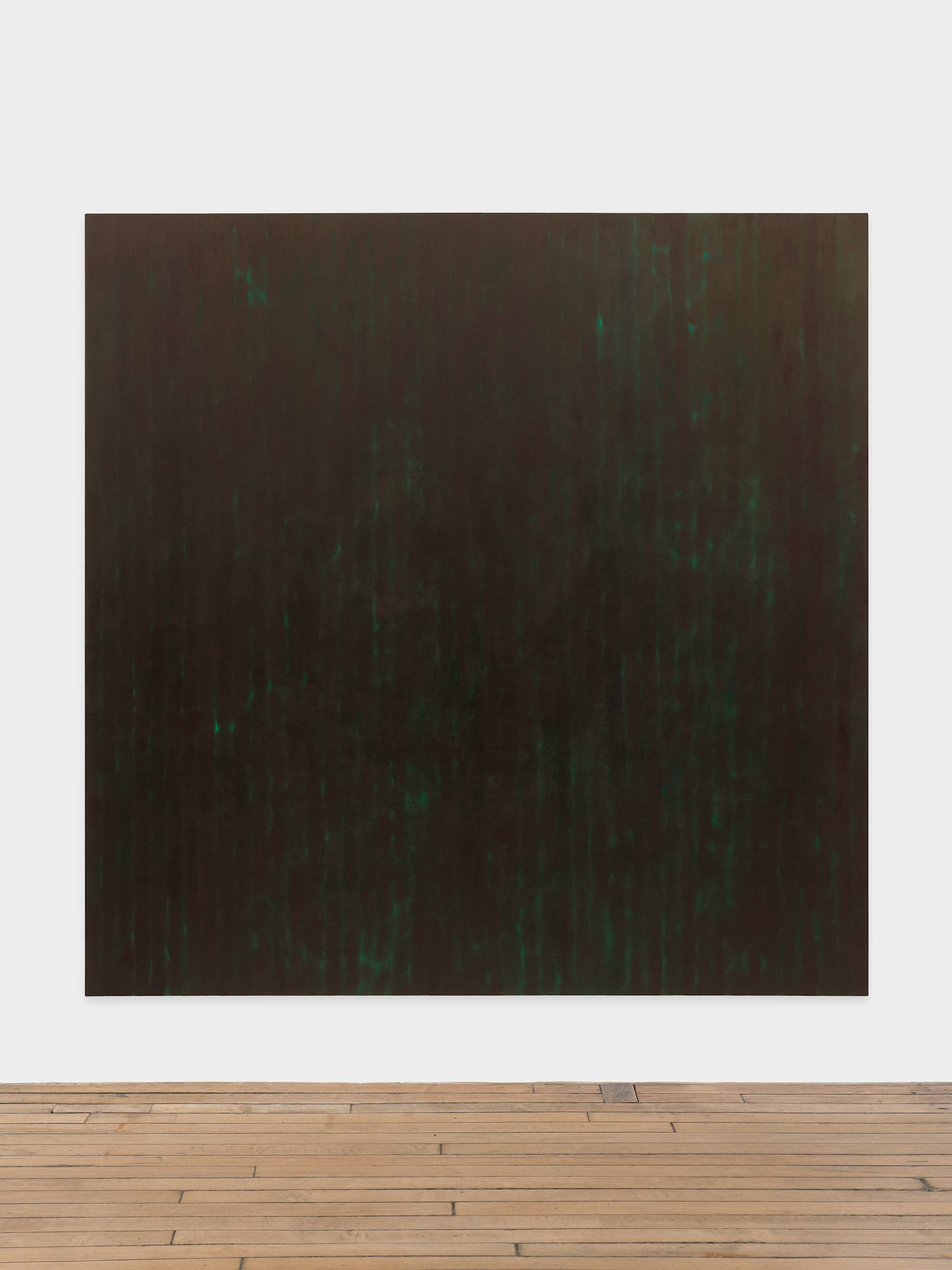A large, abstract oil painting depicts alternating vertical lines of green and brown in loose, flowing brush strokes.