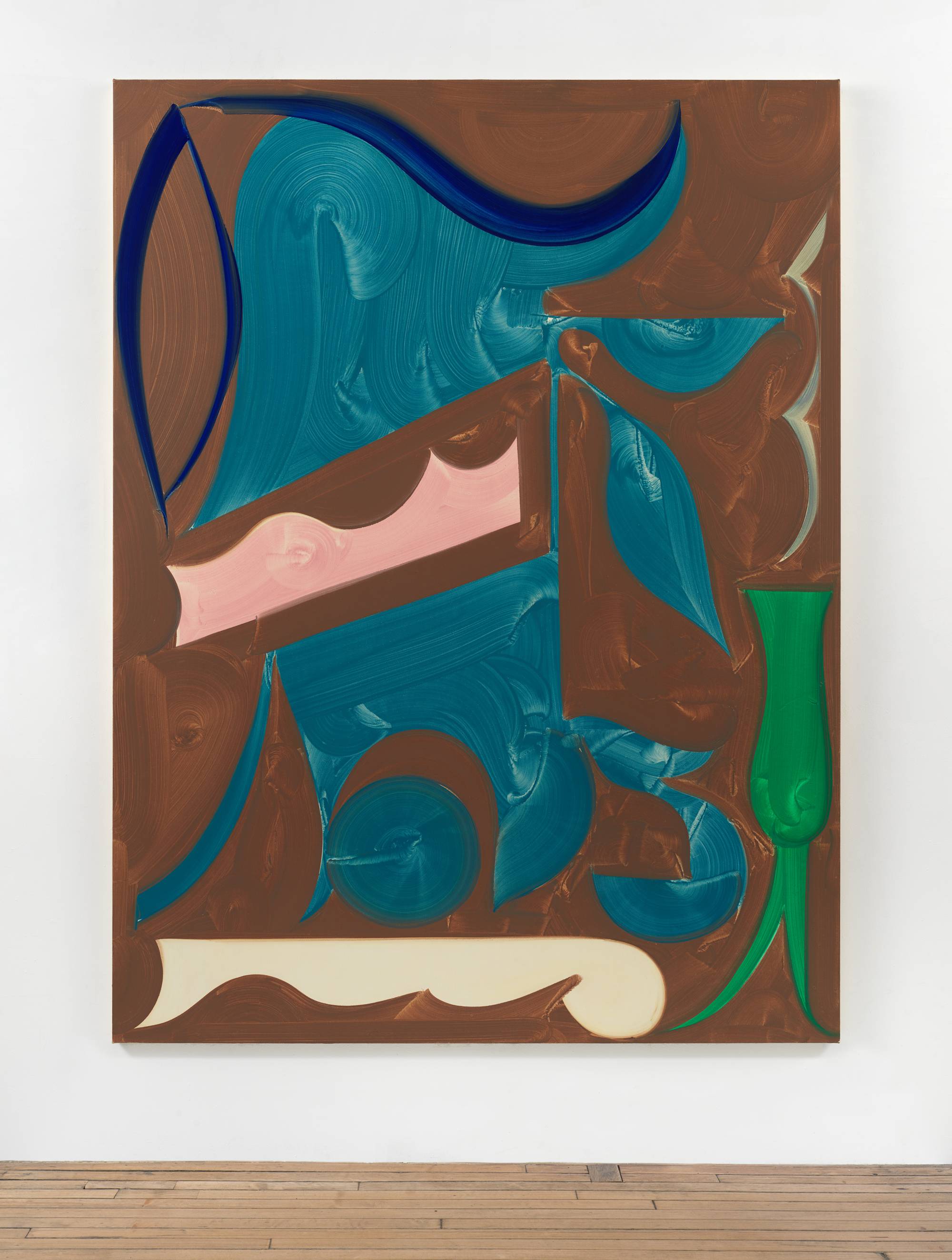 An abstract painting of large, curved shapes with visible brush strokes in blue, green, aqua, white, grey, and pink against a brown background, hangs on a white wall above a wood floor.