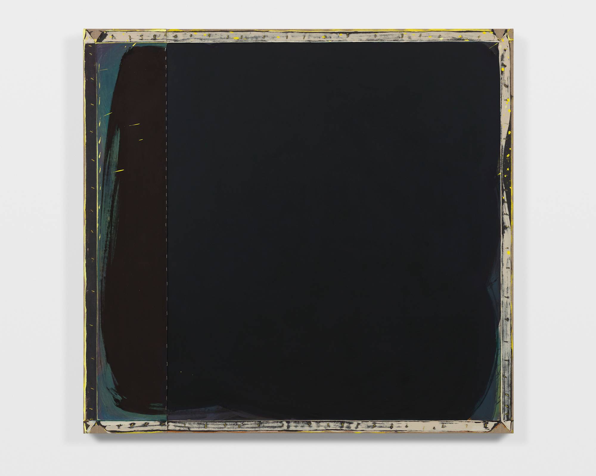 A black painting is framed by a beige border slightly revealing the raw canvas at the edge. Along the left side, a vertical band of dark teal or navy blends with streaks of yellow, creating a textured effect. This band is separated from the main black field by a thin, vertical line of staples.