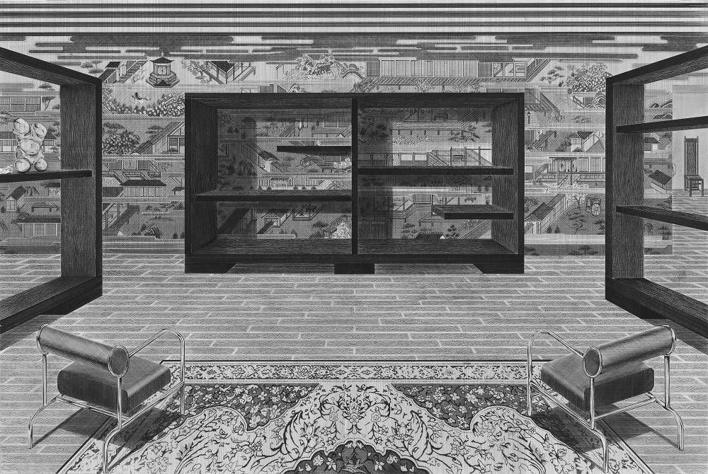 Black and white pen and graphite drawing by Kyung-Me rendered in perspective, showing a room with three large bookshelves, mostly empty, one with a sculpture sitting on a shelf. The wall behind has a very intricate village scene wallpaper.
