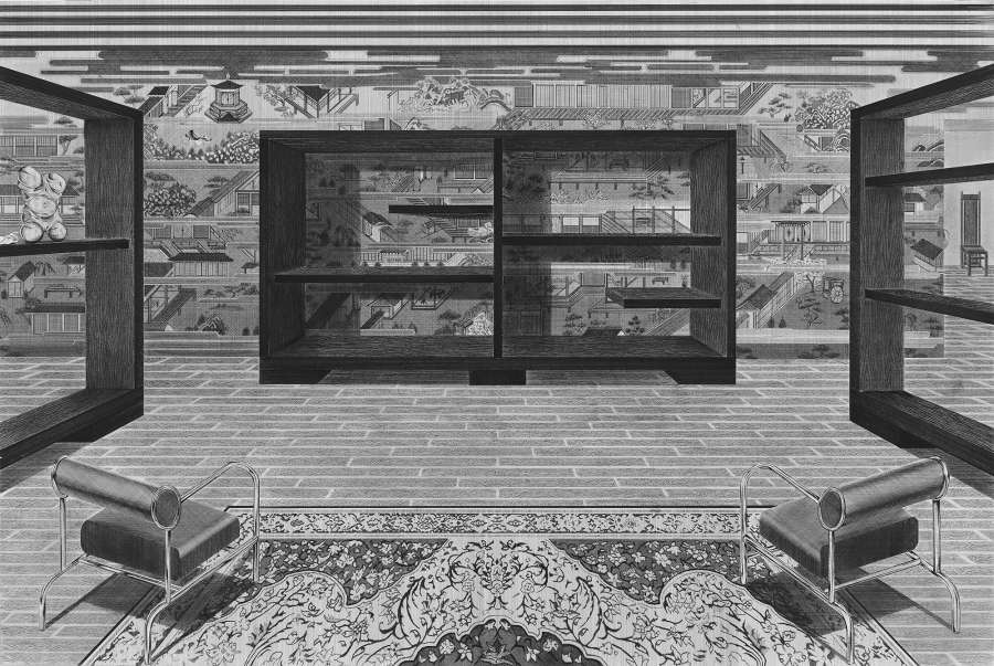 Black and white pen and graphite drawing by Kyung-Me rendered in perspective, showing a room with three large bookshelves, mostly empty, one with a sculpture sitting on a shelf. The wall behind has a very intricate village scene wallpaper.