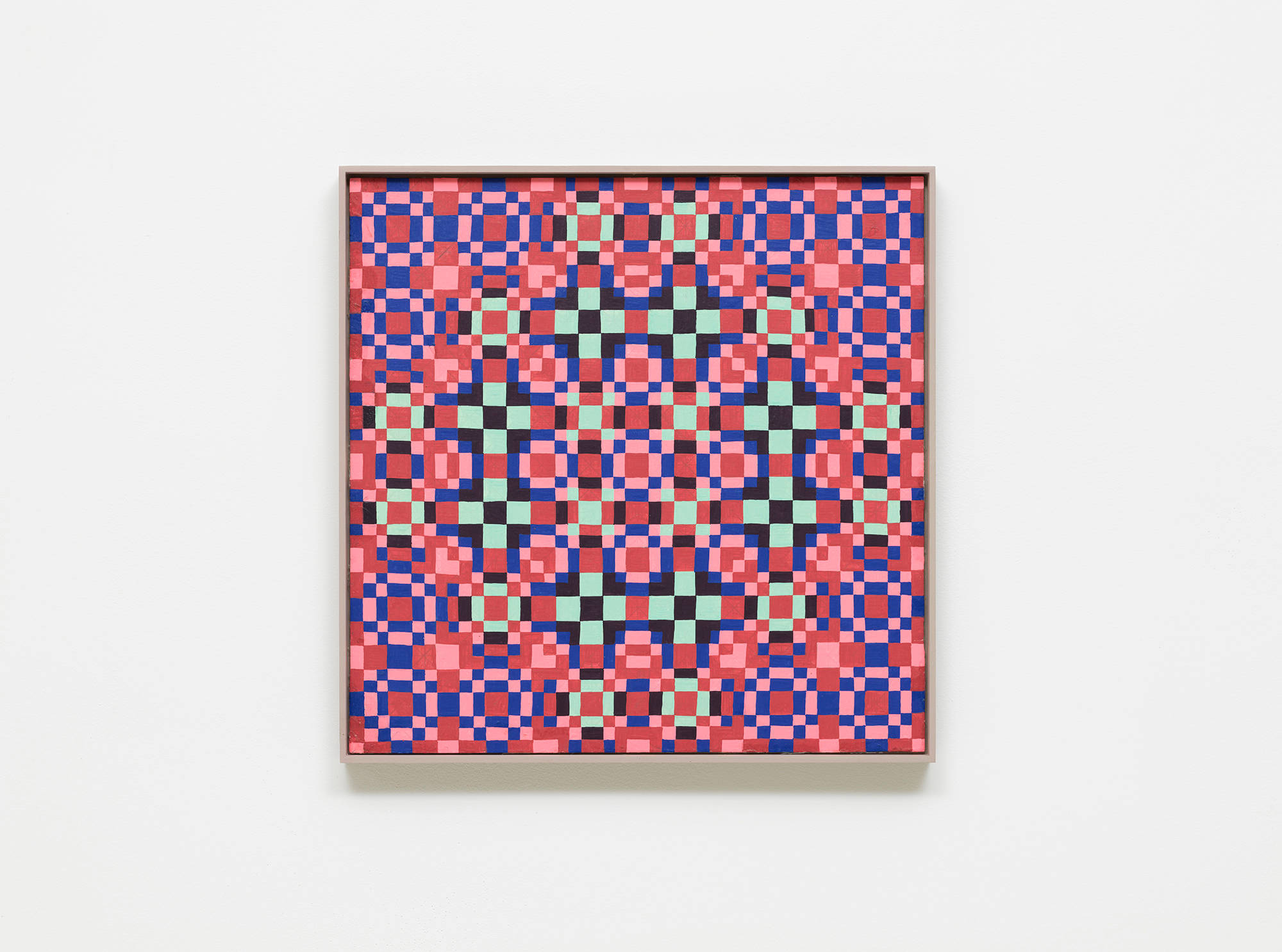 A colorful, intricate grid painting installed on a white wall.
