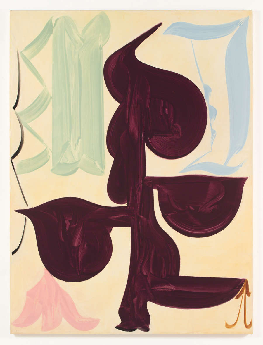 A large abstract painting. The ground of the painting is a warm white. The painting contains multiple dominant abstract forms painted in bold colors. The paint is thin and gestural. The dominant colors are shades of magenta, pale blue, pale green and pink. 