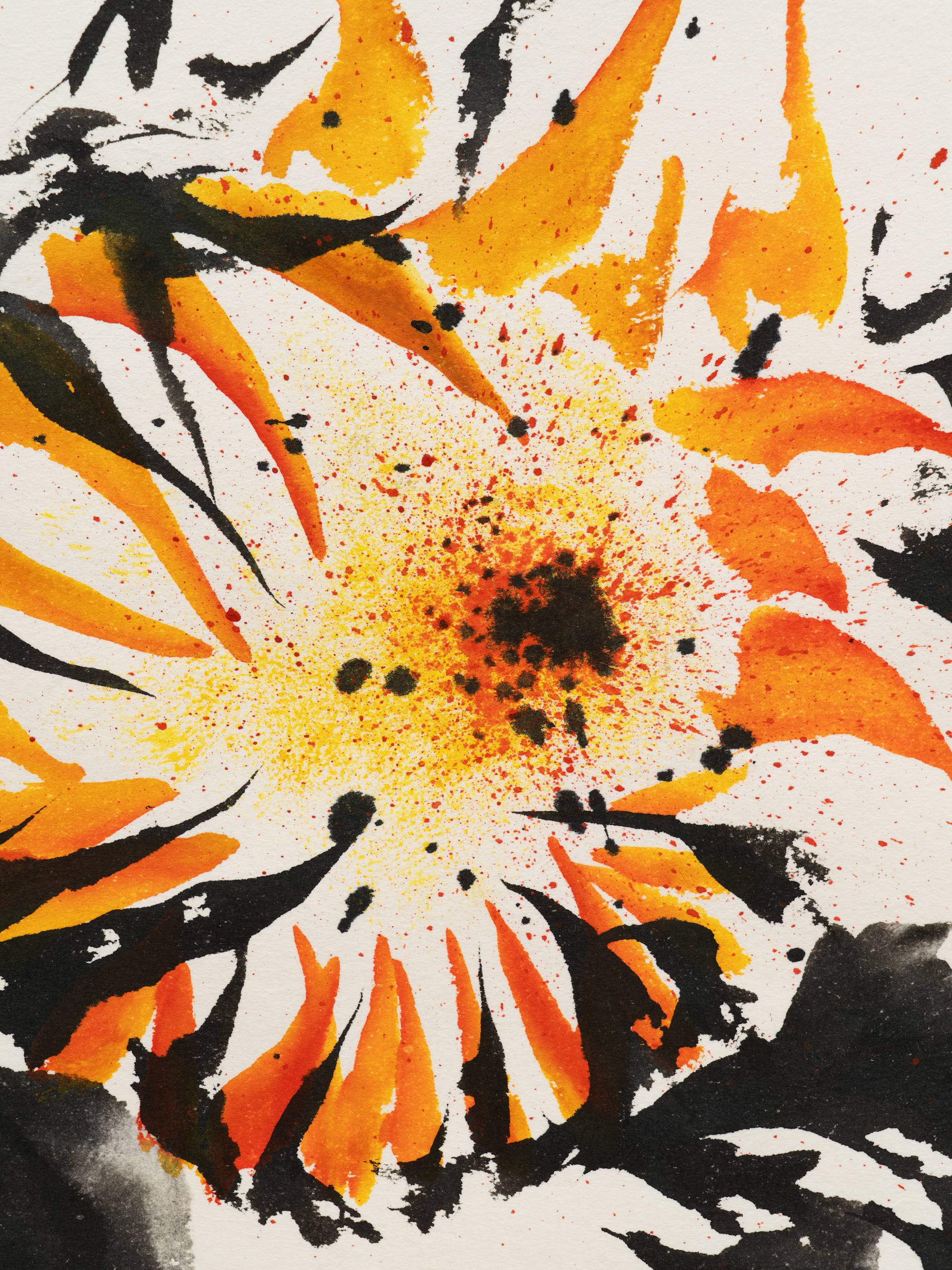 An ink painting on white paper of the head of an orange sunflower surrounded by black leaves and a stem. The center of the sunflower is executed in yellow, red, and dark brown splatters. The shot is cropped so that frame is not visible.