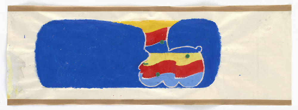 A scroll-like drawing with an abstract blue, red, and yellow form. On the top and bottom are bars of brown material.