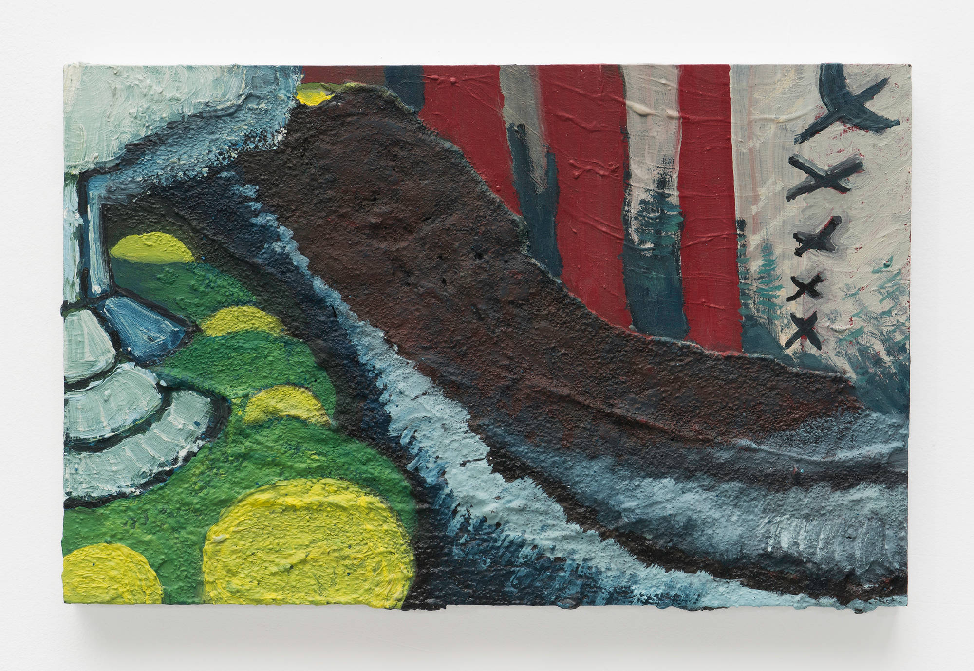 A detail shot of a small abstract painting by Matt Hoyt. The painted surface is heavily built up and textured. A central brown mass slopes down and to the right amidst dark blue waves. 4 red stripes ascend from the brown mass. To their right, 5 Xs do the same. In the bottom left corner, a green mass with large yellow dots spews jets of ice blue plumes.