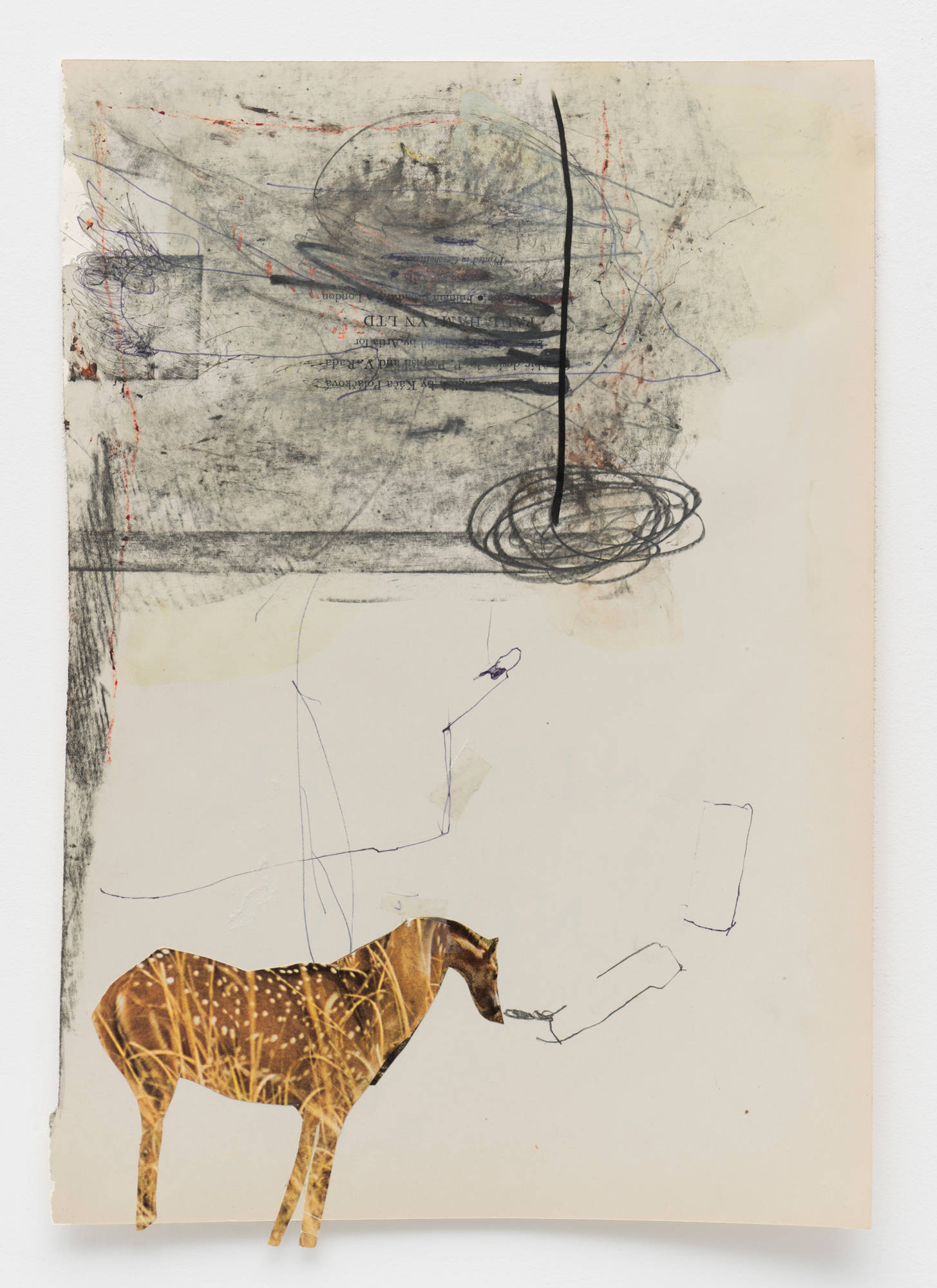 A collage on off-white paper of a horse shape cut from a magazine photo of a spotted deer stands on the bottom edge of the frame. An abstract composition made with graphite and felt tip pen dominates the top half of the frame.