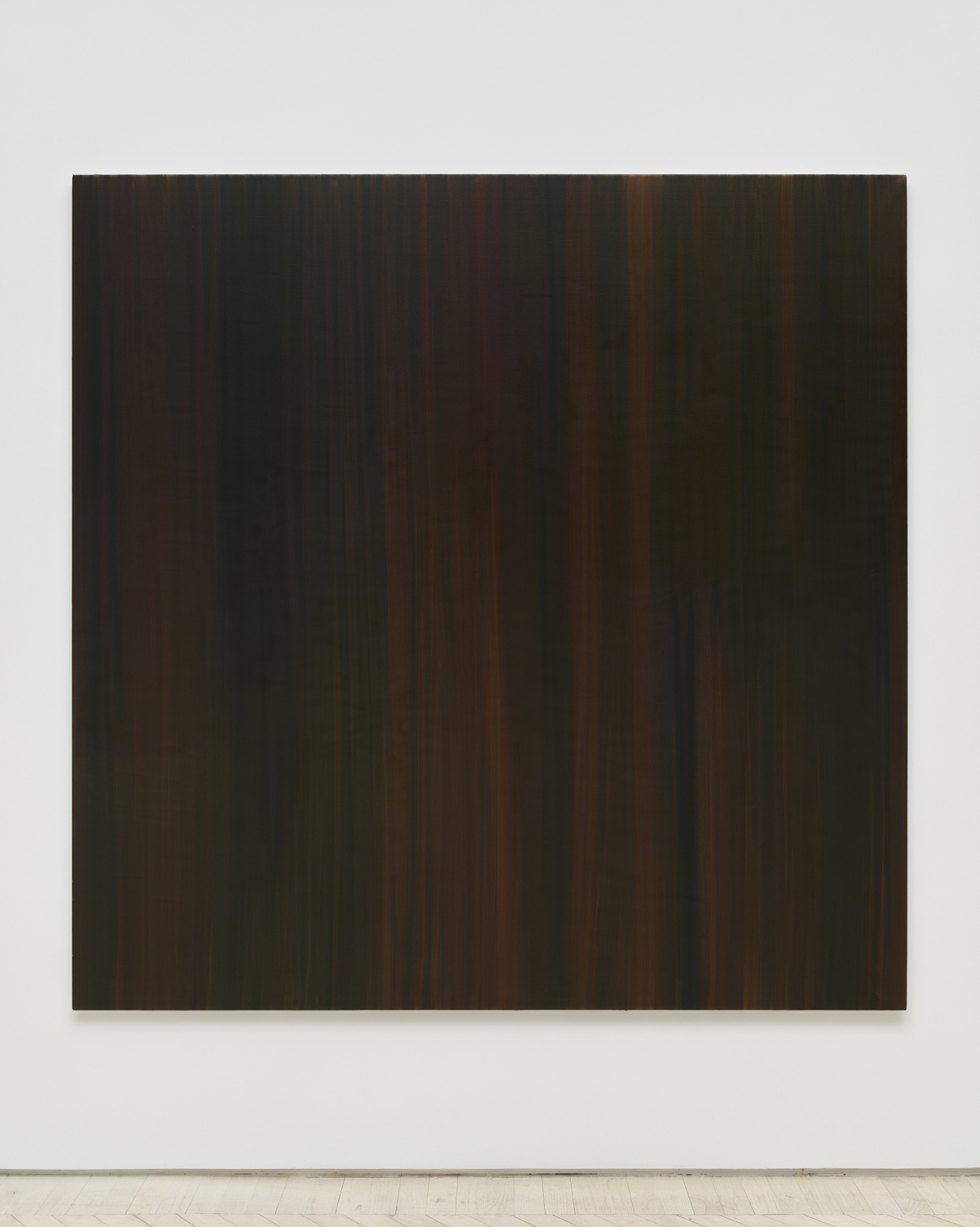 A large square, abstract painting rendered in a range of dark browns. 