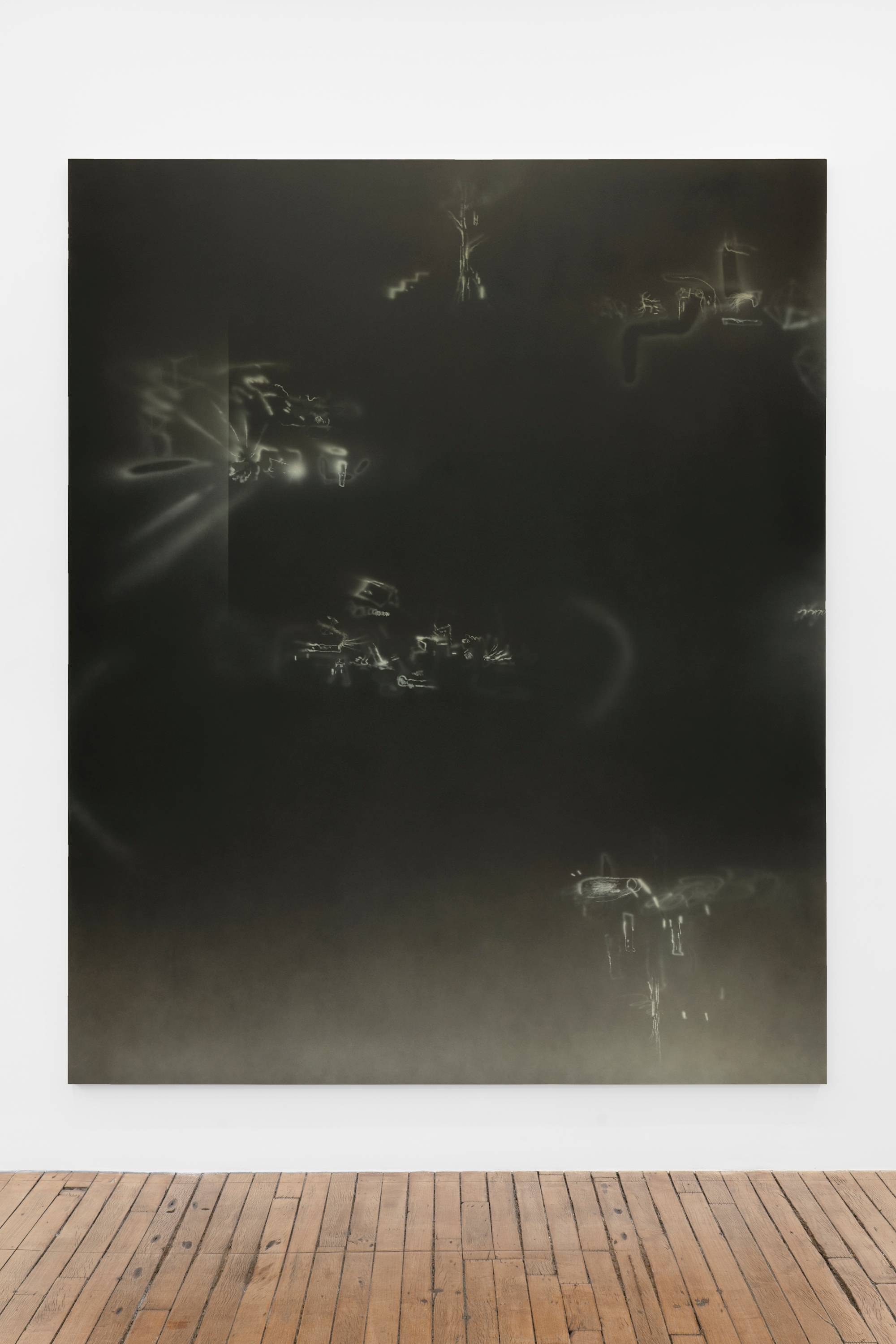 A very large predominantly black abstract painting containing airbrushed marks in white.