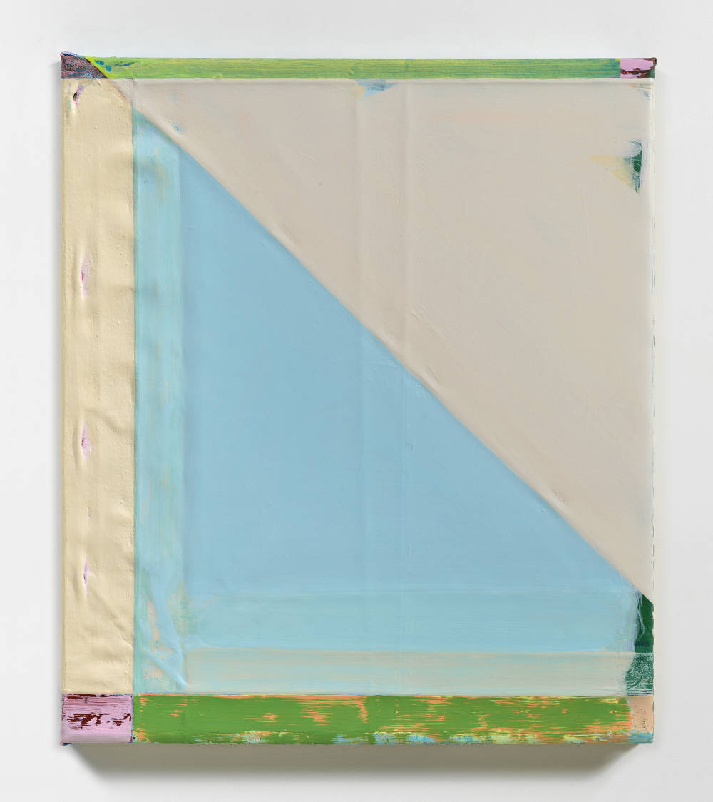 A thick abstract painting rendered predominately in blue and green and beige.