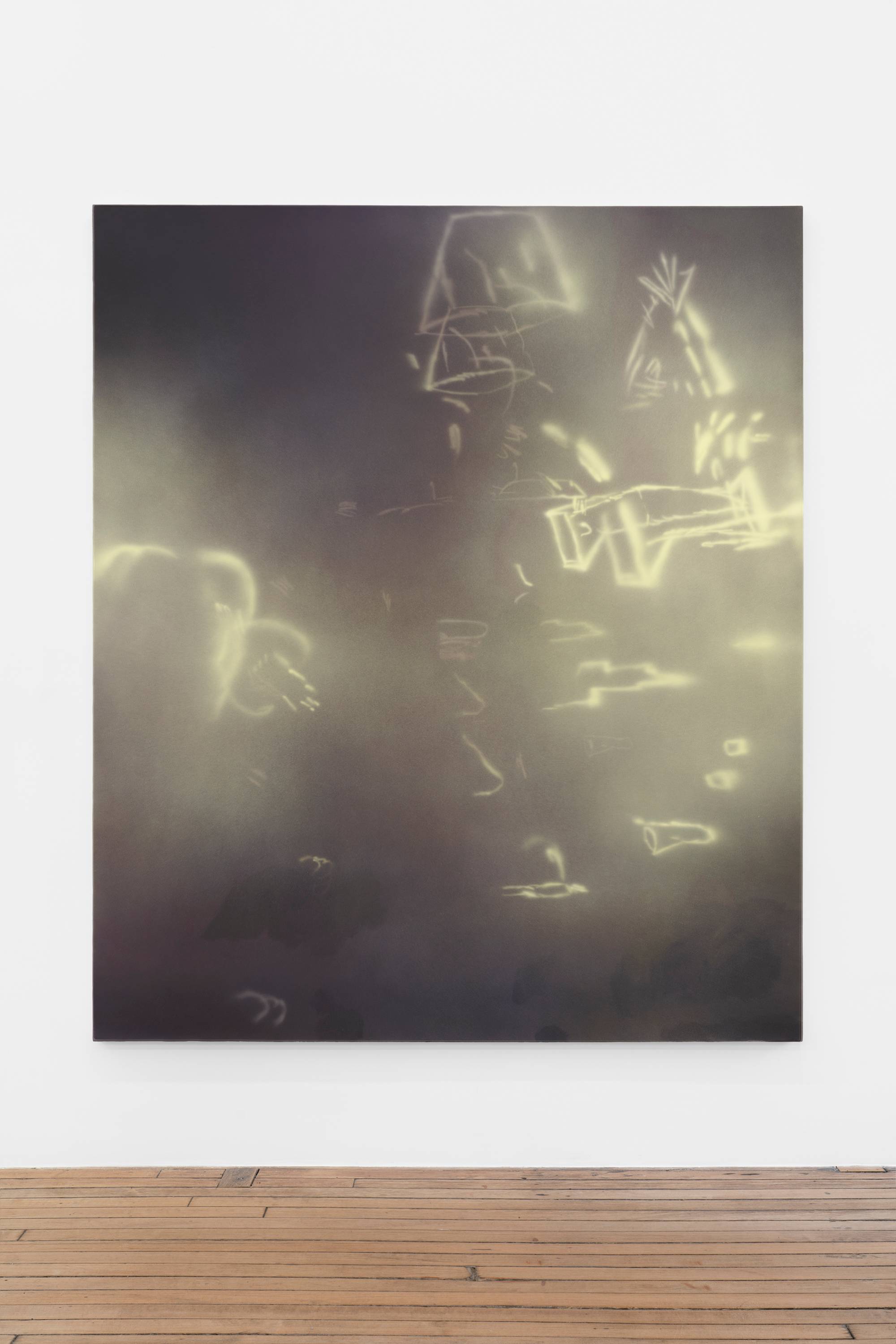 A large abstract painting depicting a series of white and yellow air brushed marks.