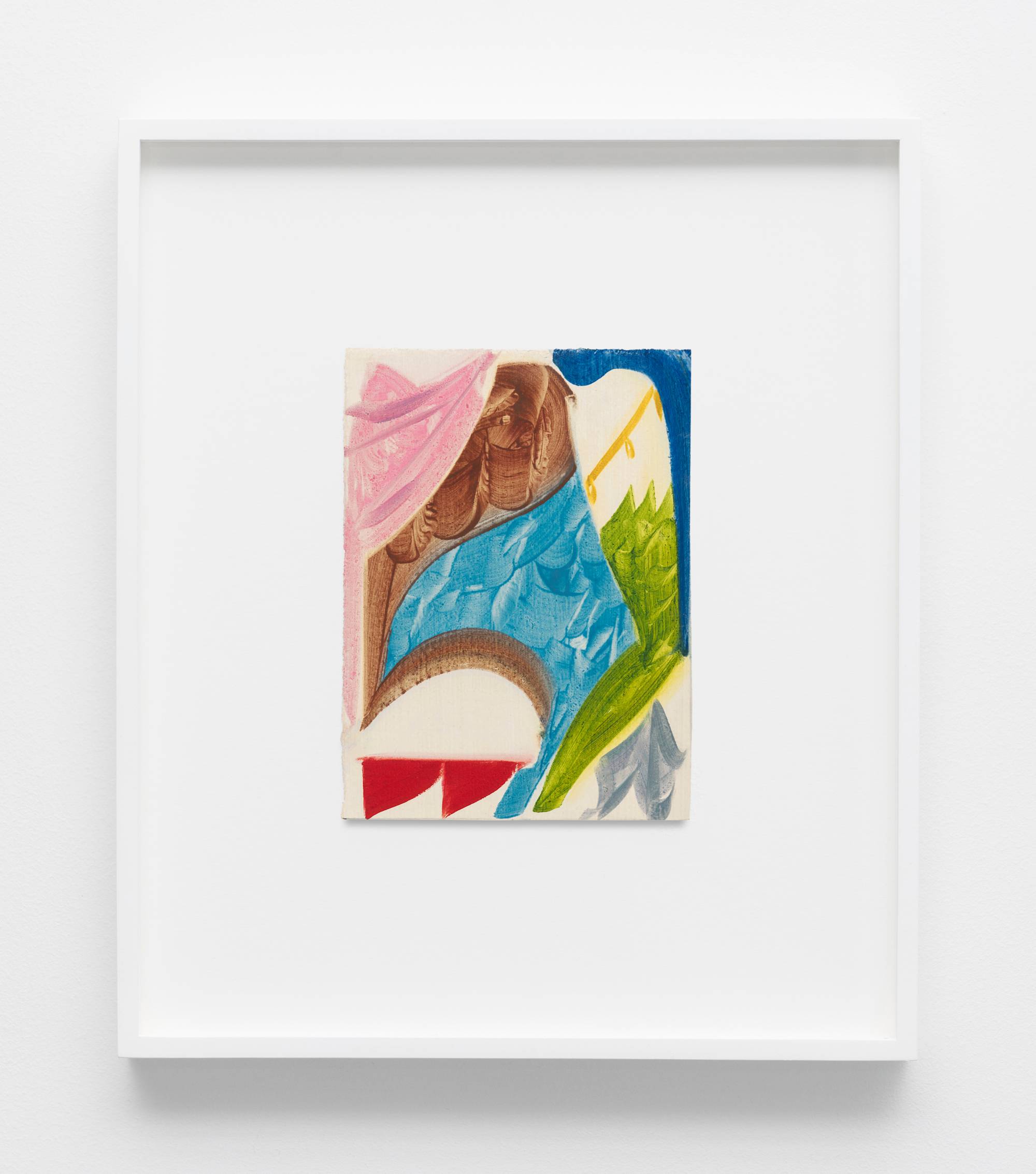 A small, abstract painting on paper in a white frame featuring curved shapes with visible brush strokes in blue, green, aqua, brown, grey, gold, red, and pink against a cream background.