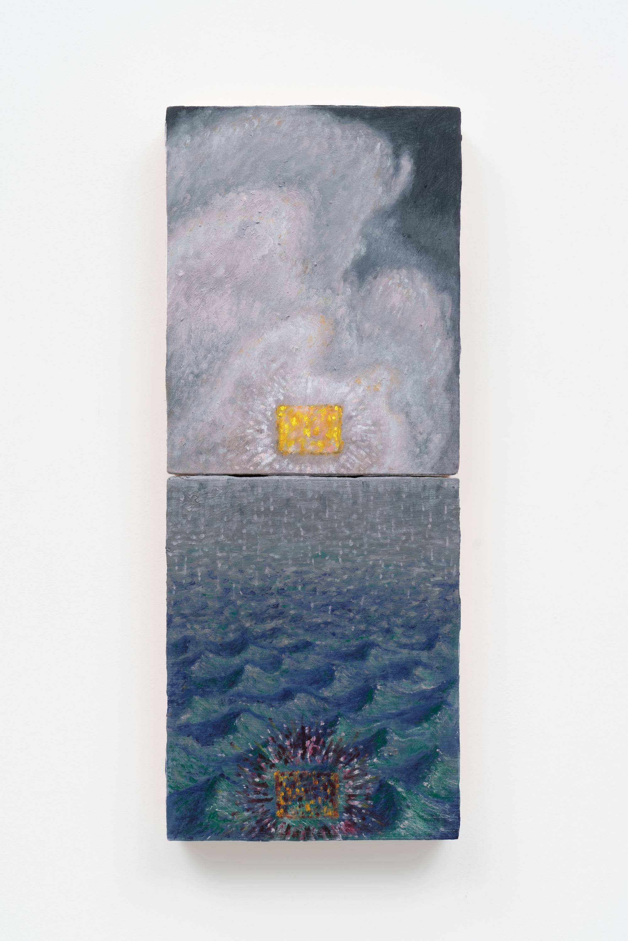 A small, narrow, blue, vertical landscape diptych. The top painting depicts flowy clouds over a dark sky. A gold box emanating rays of white light sits at the center of the bottom of the frame. The bottom painting depicts choppy ocean waves. A orange and purple box emanating rays of white and purple light sits at the center of the bottom of the frame.