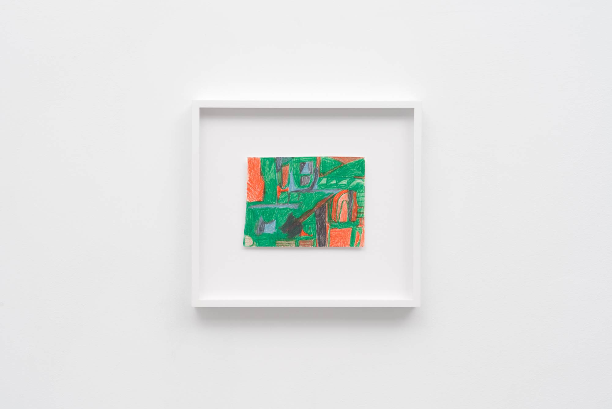 Abstract Cathy Lebowitz colored pencil drawing featuring various shapes of green, blue, red, and grey.