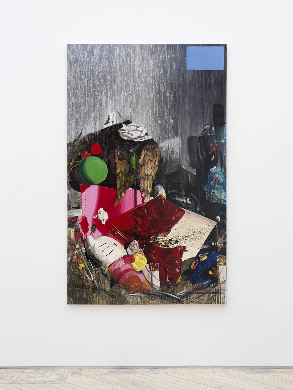 An image of a gestural painting by Tom Holmes that depicts a scene of a roadside memorial with flowers and other items laid on the sidewalk, there is a "Hello Kitty" doll in the foreground.