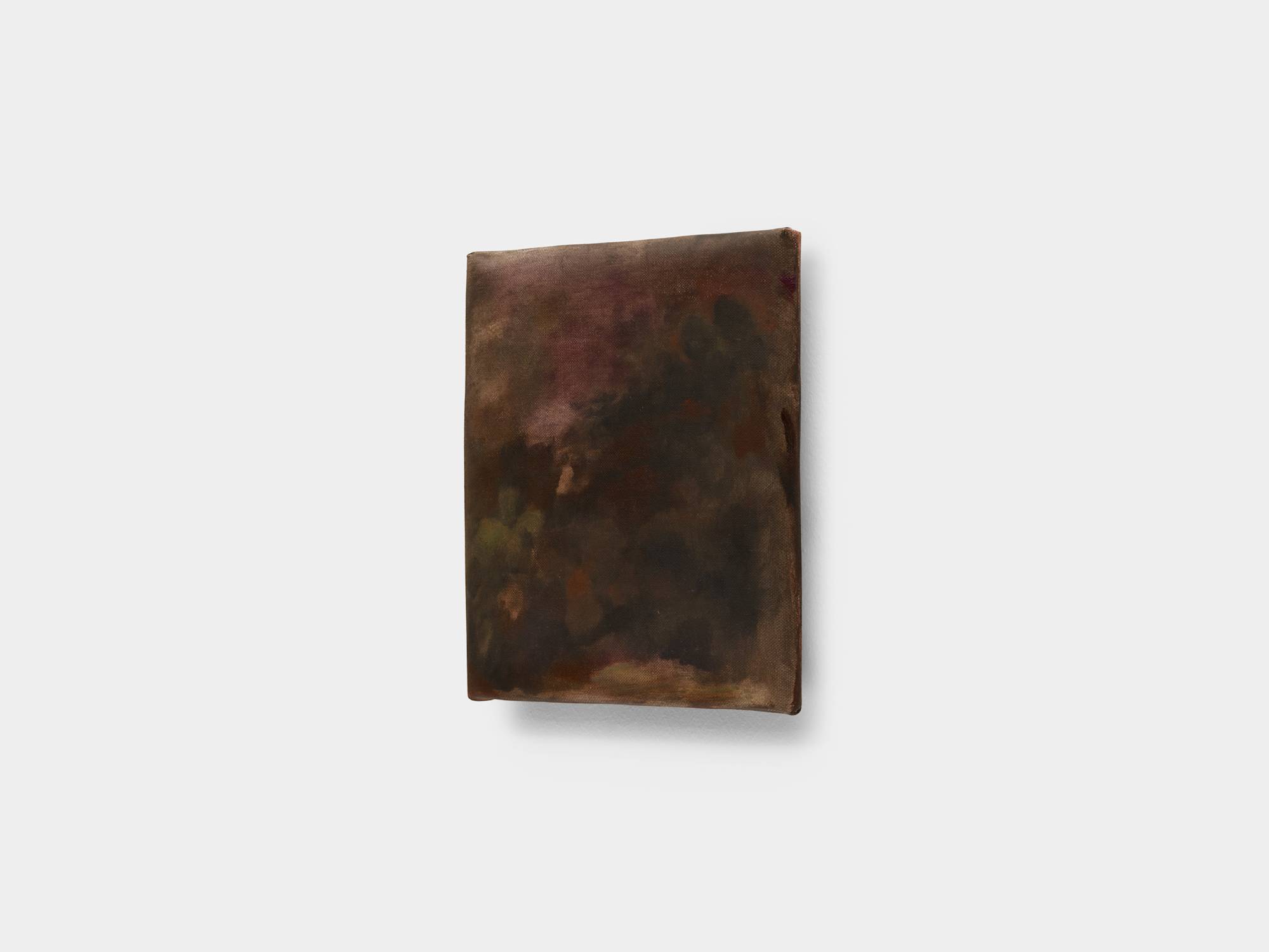 Side angle view of a small square abstract painting of flowers in brown hues.