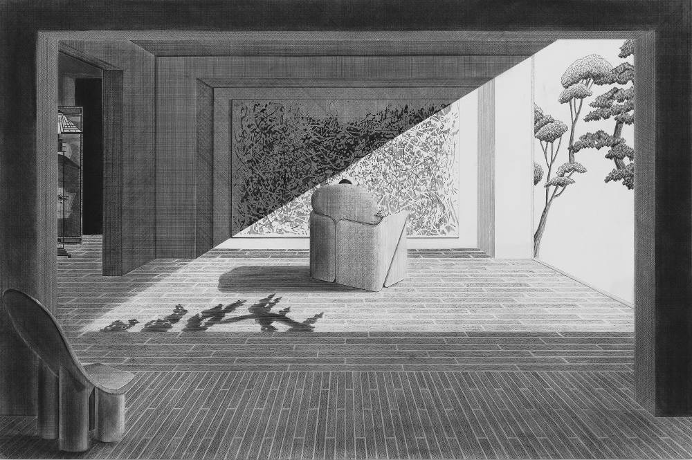 Black and white pen and graphite drawing by Kyung-Me rendered in perspective, showing a room with raking sunlight coming through a window to the right, trees just outside the window. There is a person sitting in a padded chair with their back towards us, facing a Jackson Pollack painting.