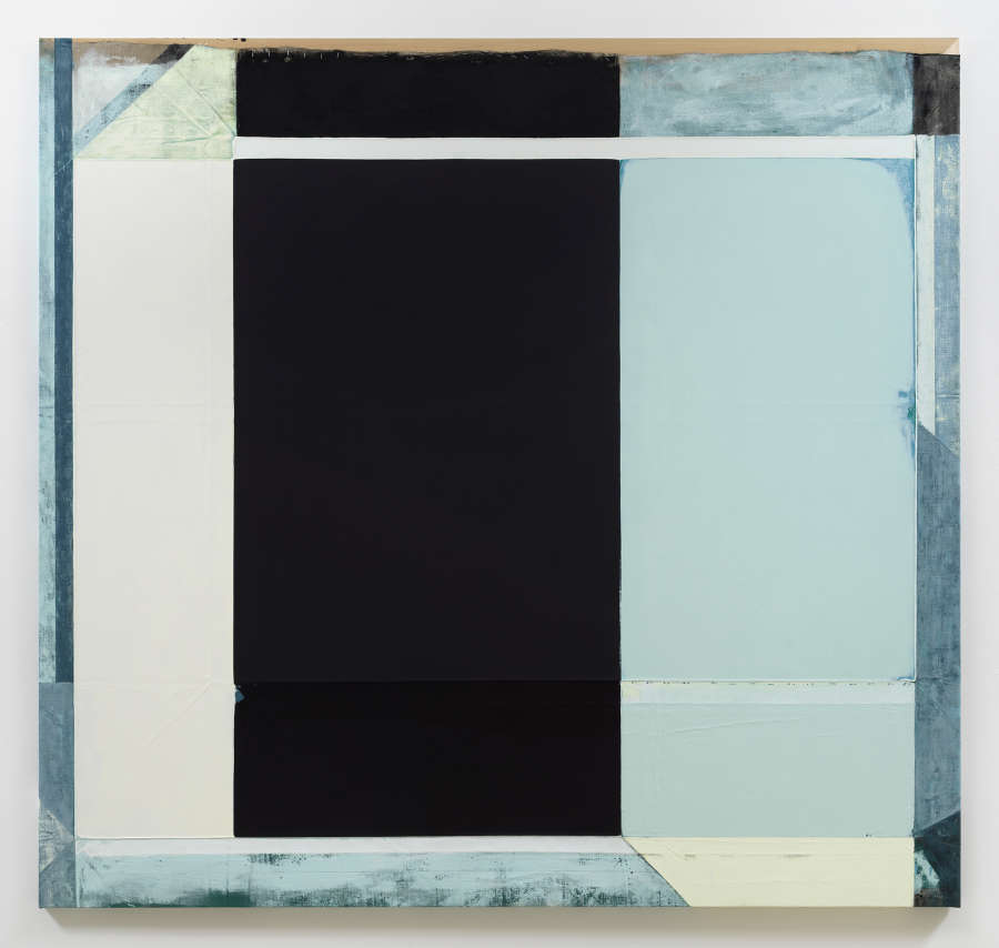 A large abstract painting consisting primarily of three dominant rectangular blocks of color. The most striking colors are a dark-blue verging on black, multiple shades of light blue, and white. The blocks of color are separated by creases or folds in the canvas. 