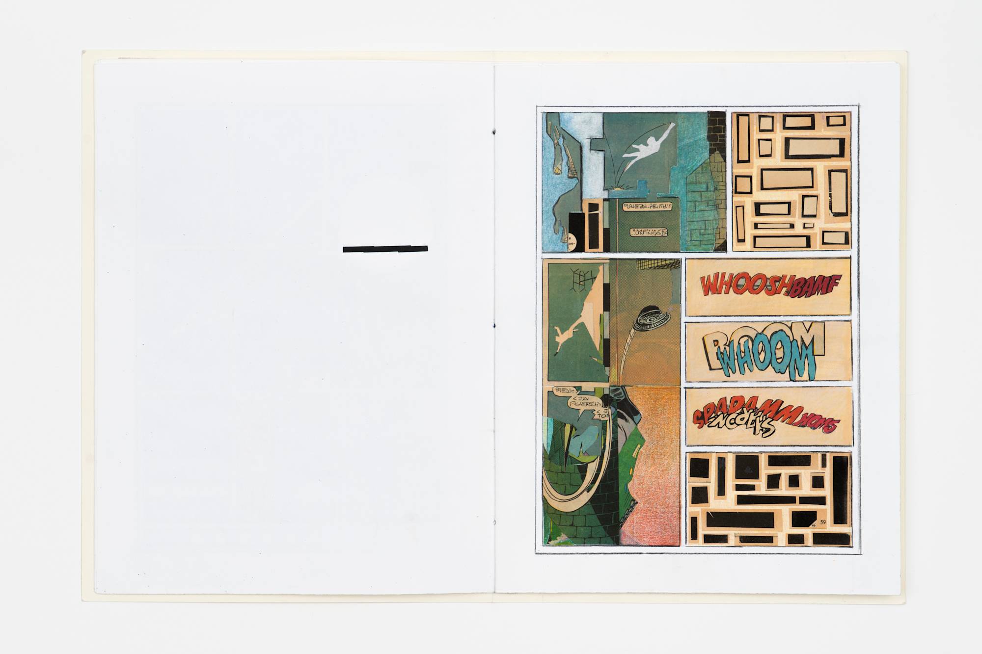 Photographed from above, an artist book spread open to a page containing a series of colored pencil drawings, collaged comic books graphics, and slivers of photographs.