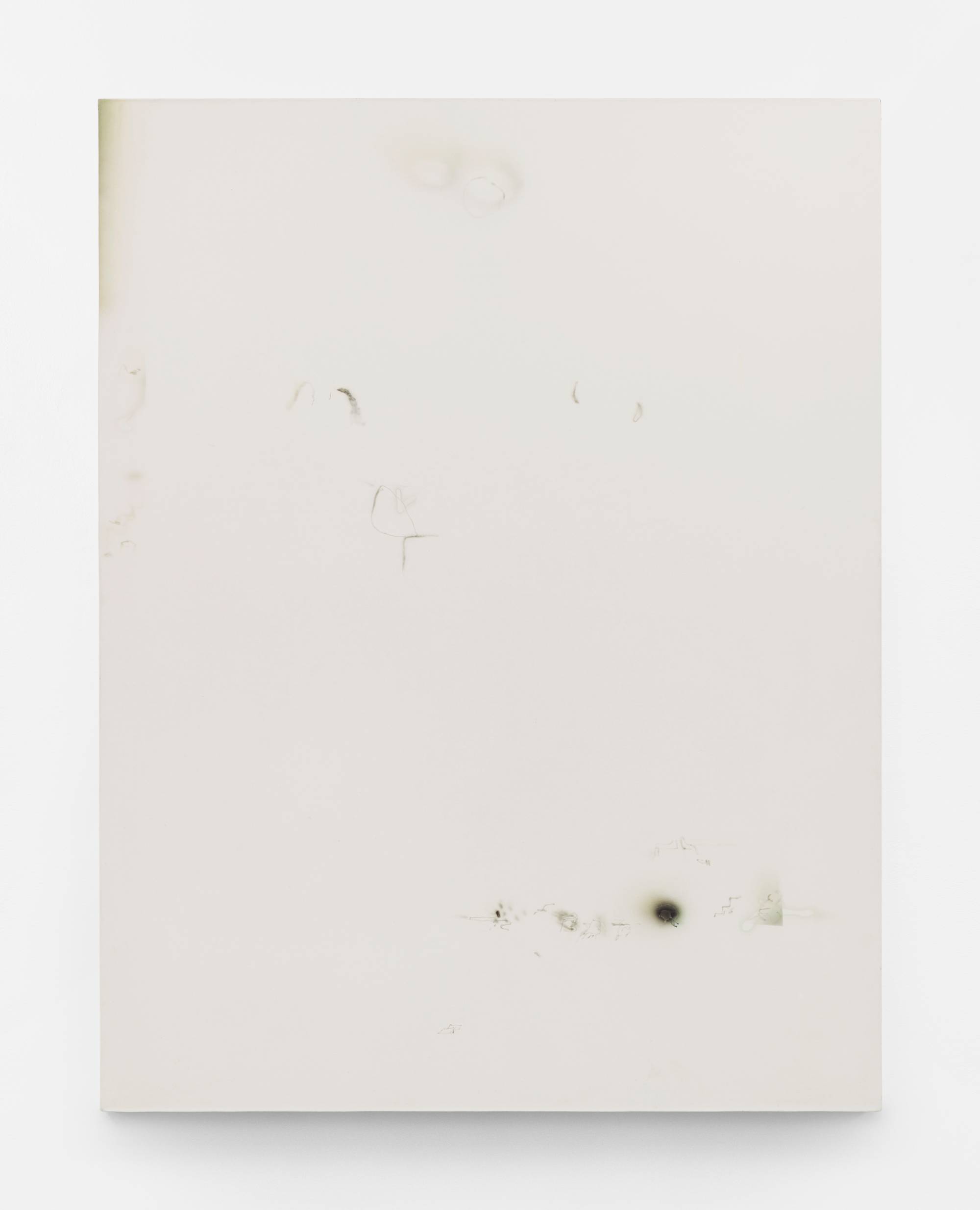 A large, vertical abstract painting, rendered primarily in white, with a series of airbrushed gestural marks painted in green.