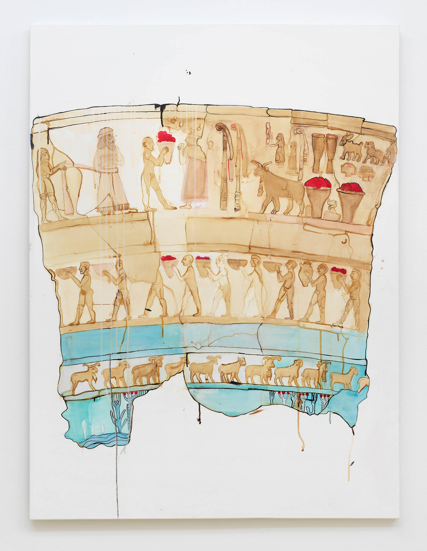 An image of a painting on a white background. We see the shard of an ancient vessel showing a procession of animals and people. The painting is made with visible drips, like ink.