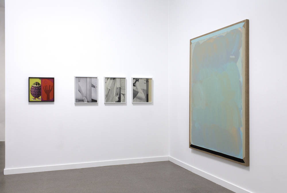Installation view of Independent New York fair featuring artwork by Julia Rommel and Erica Baum.
