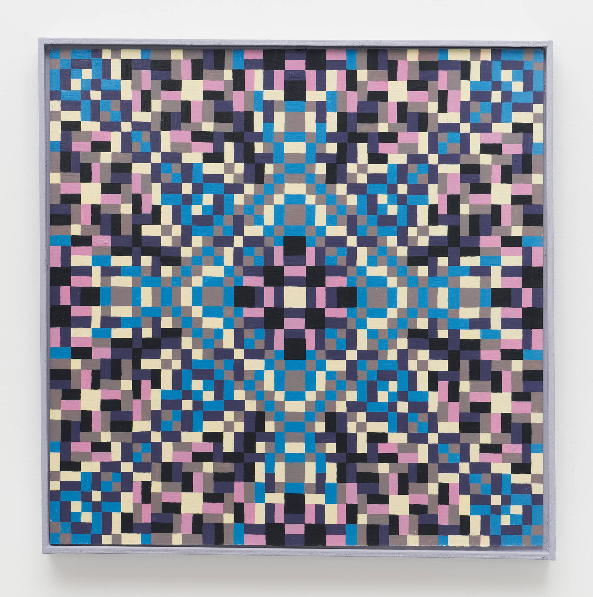 A colorful, symmetrical, geometric painting on board consisting of a pattern of repeating squares of blue, grey, pink, purple, and white in a lavender artist frame.