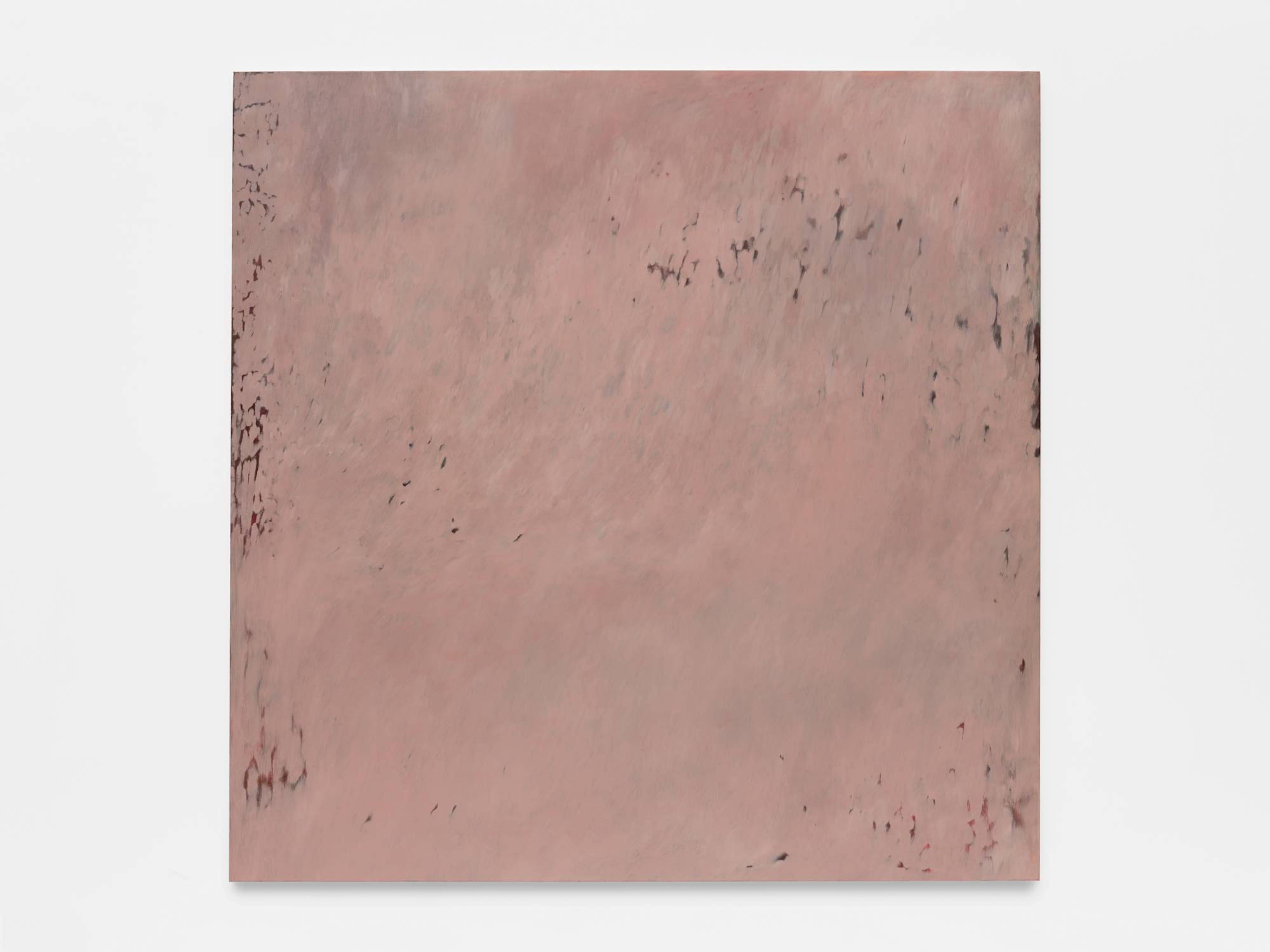 A large square abstract painting with a brushy black and red underpainting with mauve accents.
