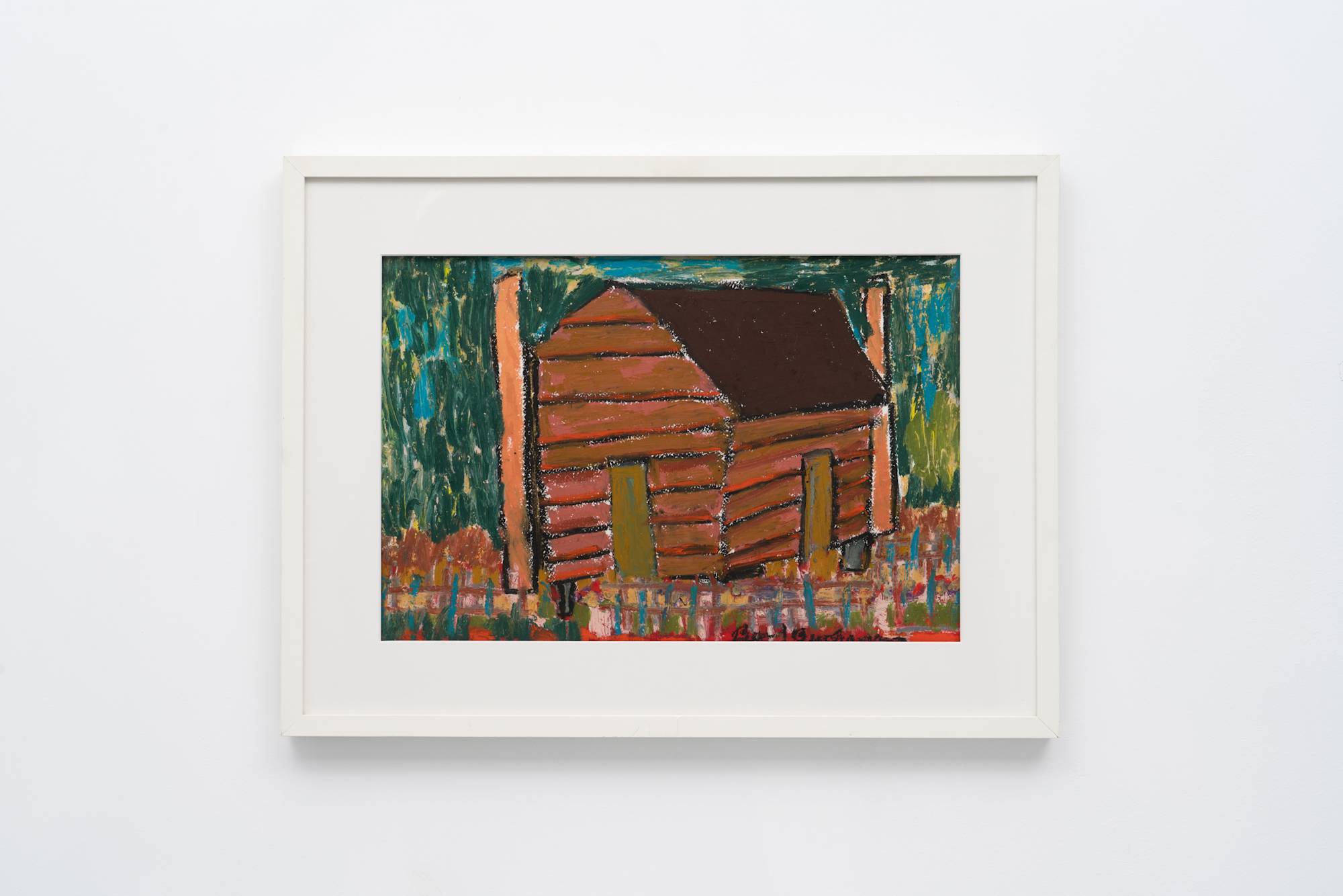 Beverly Buchanan oil pastel drawing of a wood house with picket fence surrounded by brown bushes against a dark green background mounted in a white frame.