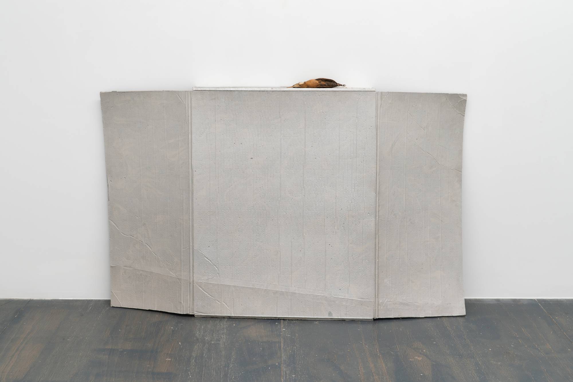 Liz Magor sculpture featuring a silver polymerized gypsum cast of a cardboard sheet and antique taxidermied bird.